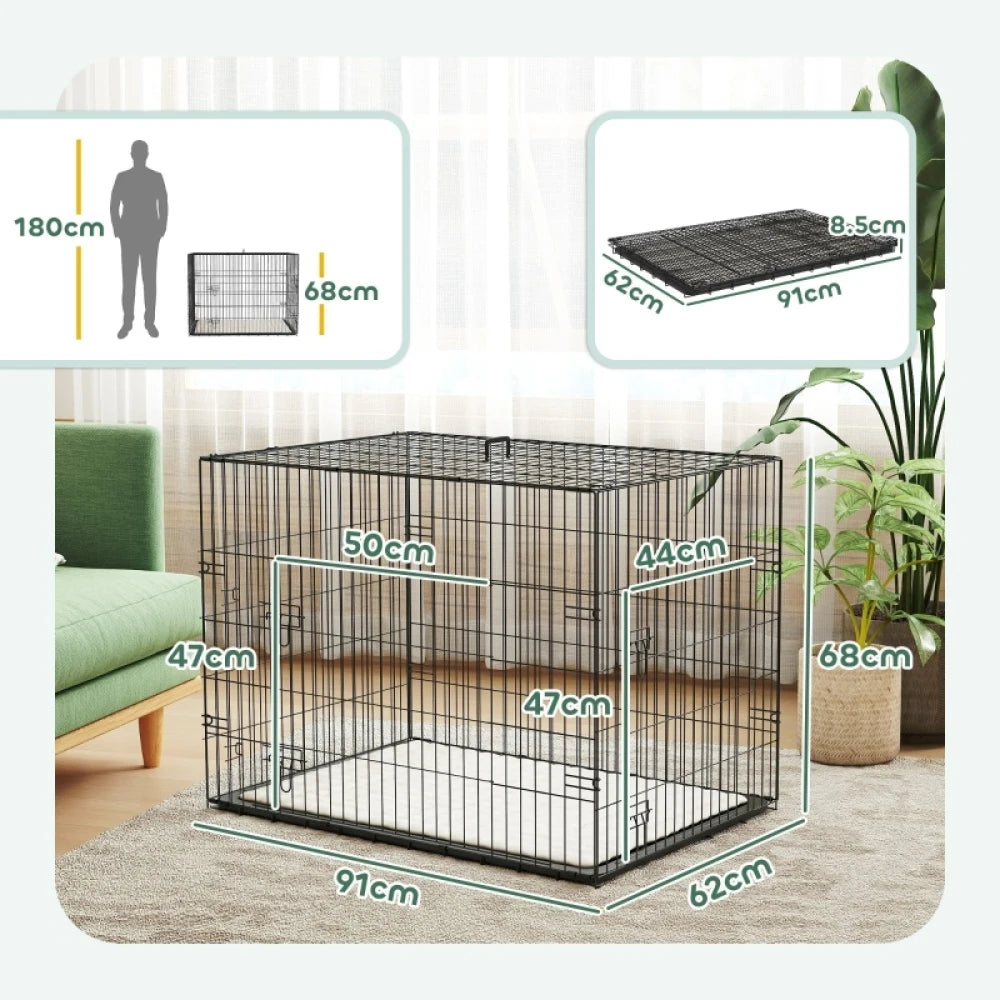 PINGGO Foldable Dog Crate 91x62x68cm 2 Doors with Tray Soft Cushion for Medium Large Dogs Black