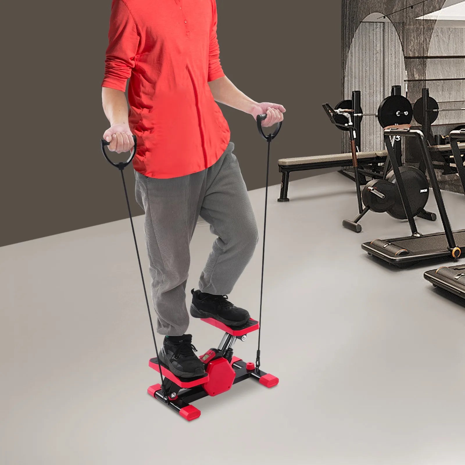 Portable Hydraulic Stepper with Resistance Pull Ropes LCD Display 150kg Full Body Workout for Home Office