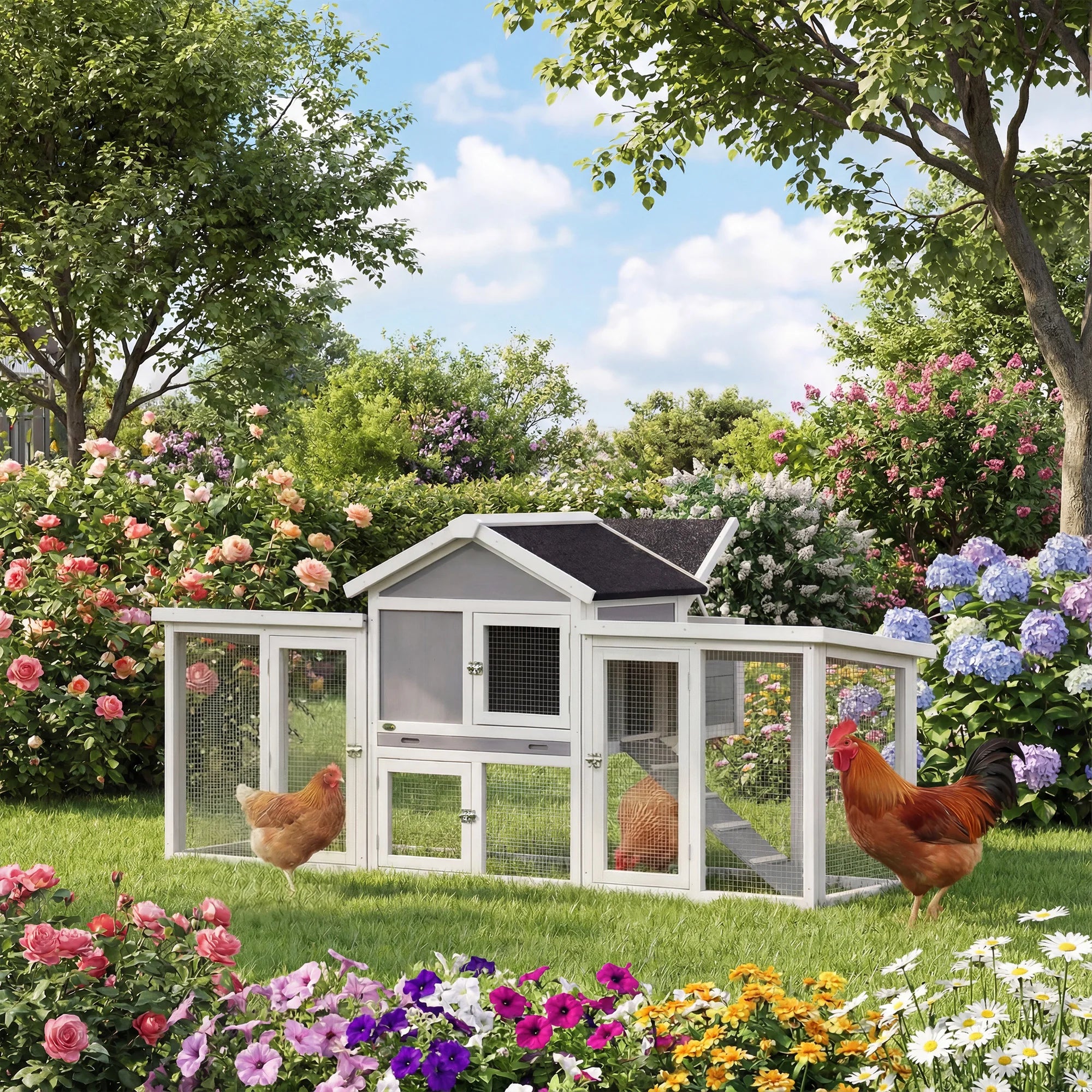 Wooden Chicken Coop Hen House with Nesting Box Run Ramp Removable Tray and 5 Access Doors for Small Flocks