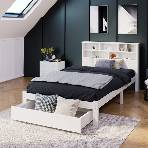 3ft Single Bed Frame with Shelves, White Wooden Storage Bed, Frame Only