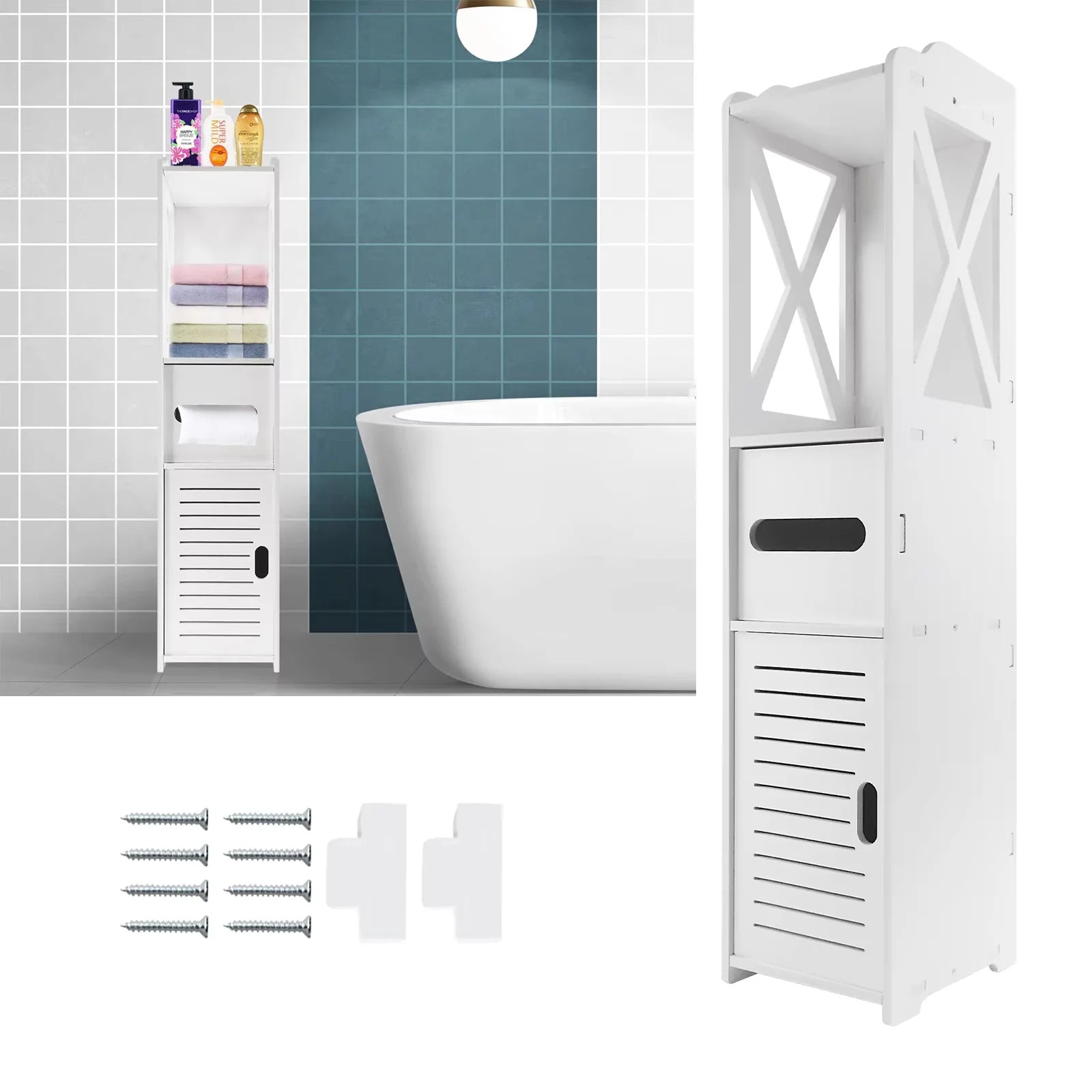 White PVC Freestanding Bathroom Cabinet | Waterproof Toilet Paper and Shampoo Storage Shelf Unit
