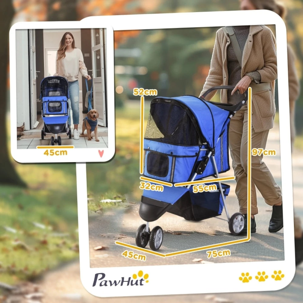 PINGGO Dog Stroller 3 Wheel Foldable Pram with Cup Holder Storage Basket for Small Miniature Dogs Blue