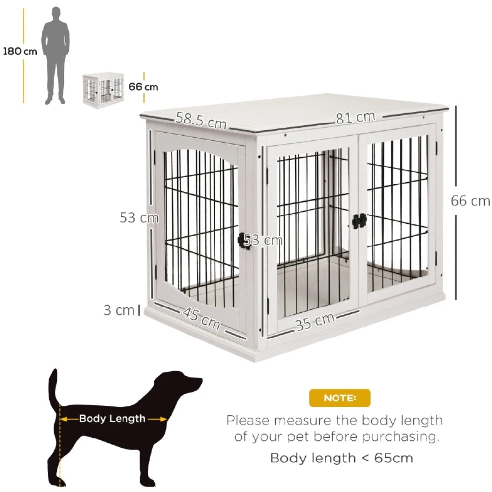 Dog Crate Furniture Puppy End Table 81x58.5x66cm White with 2 Doors for Medium Small Dogs