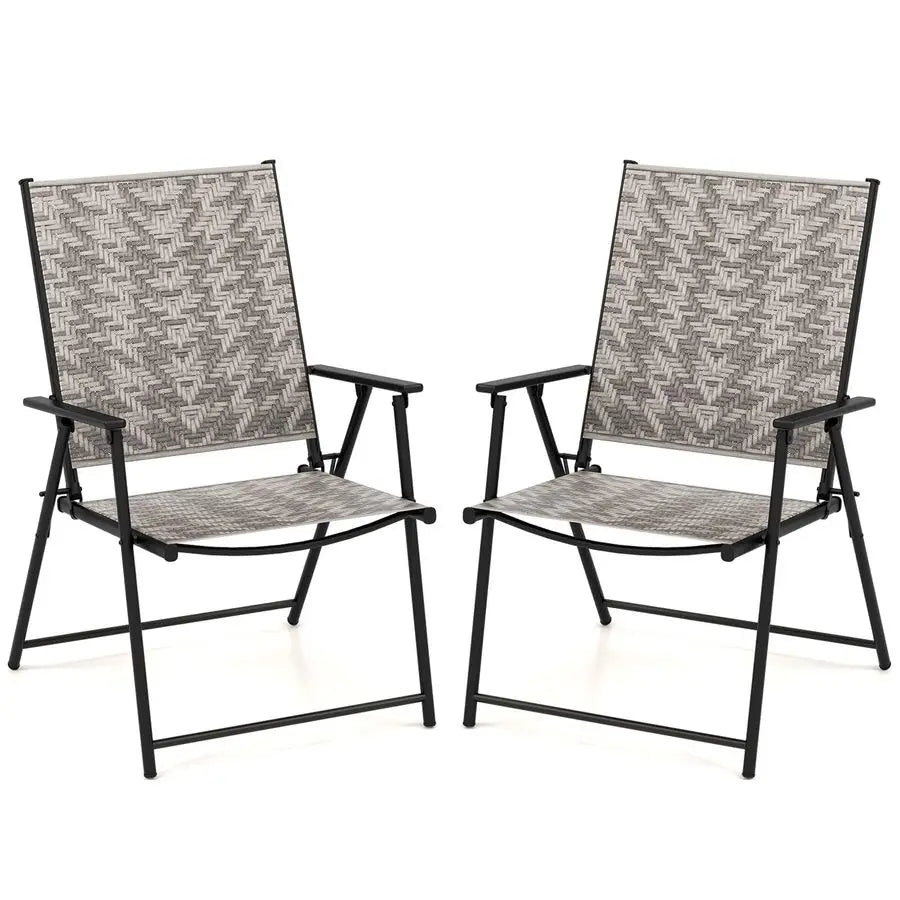 Set of 2 Folding Rattan Garden Chairs with Armrests 160kg Metal Frame for Patio Bistro Camping Balcony Grey