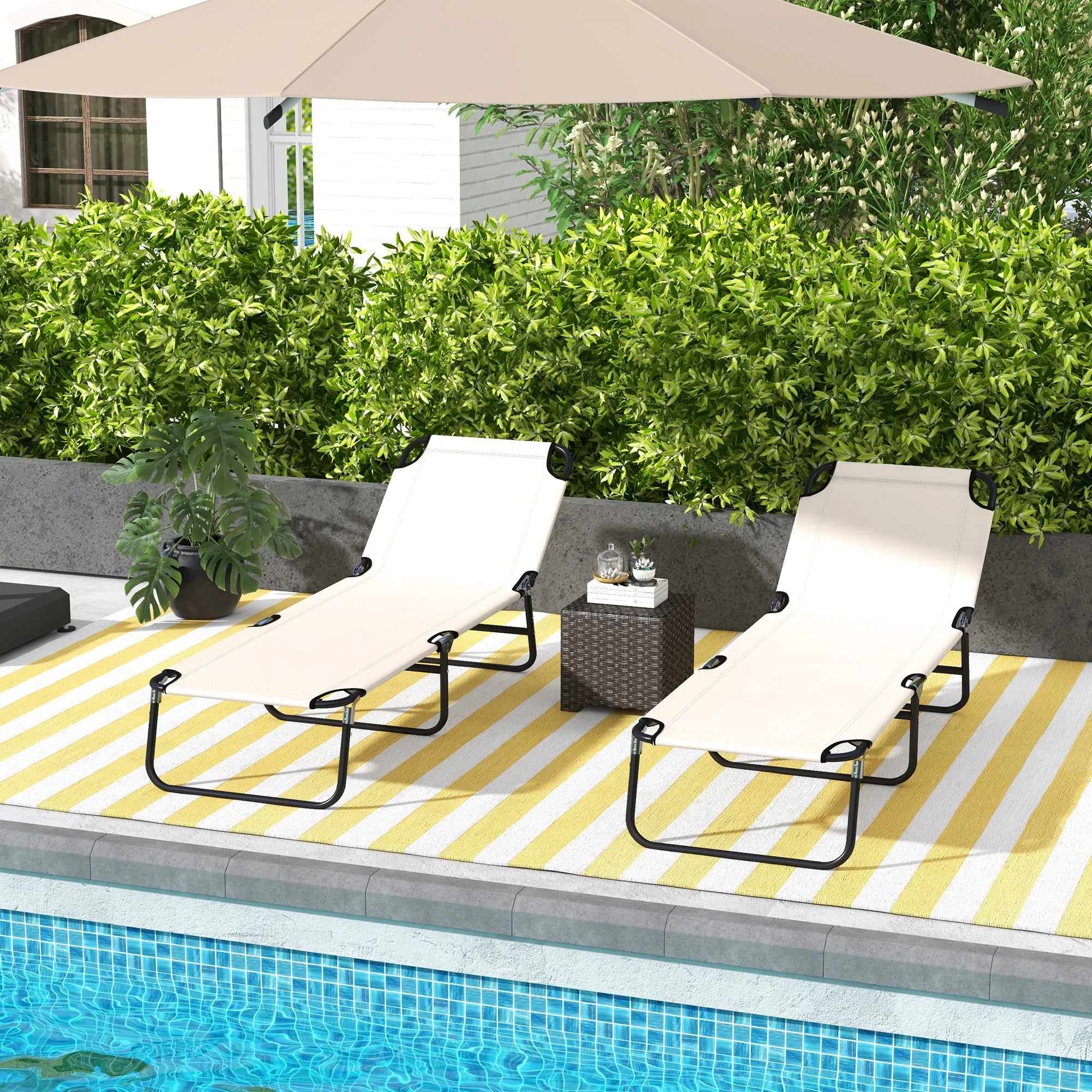 Sun Lounger Set of 2 Folding Recliner Sunbeds with 5 Position Backrest 190cm Portable Cream White