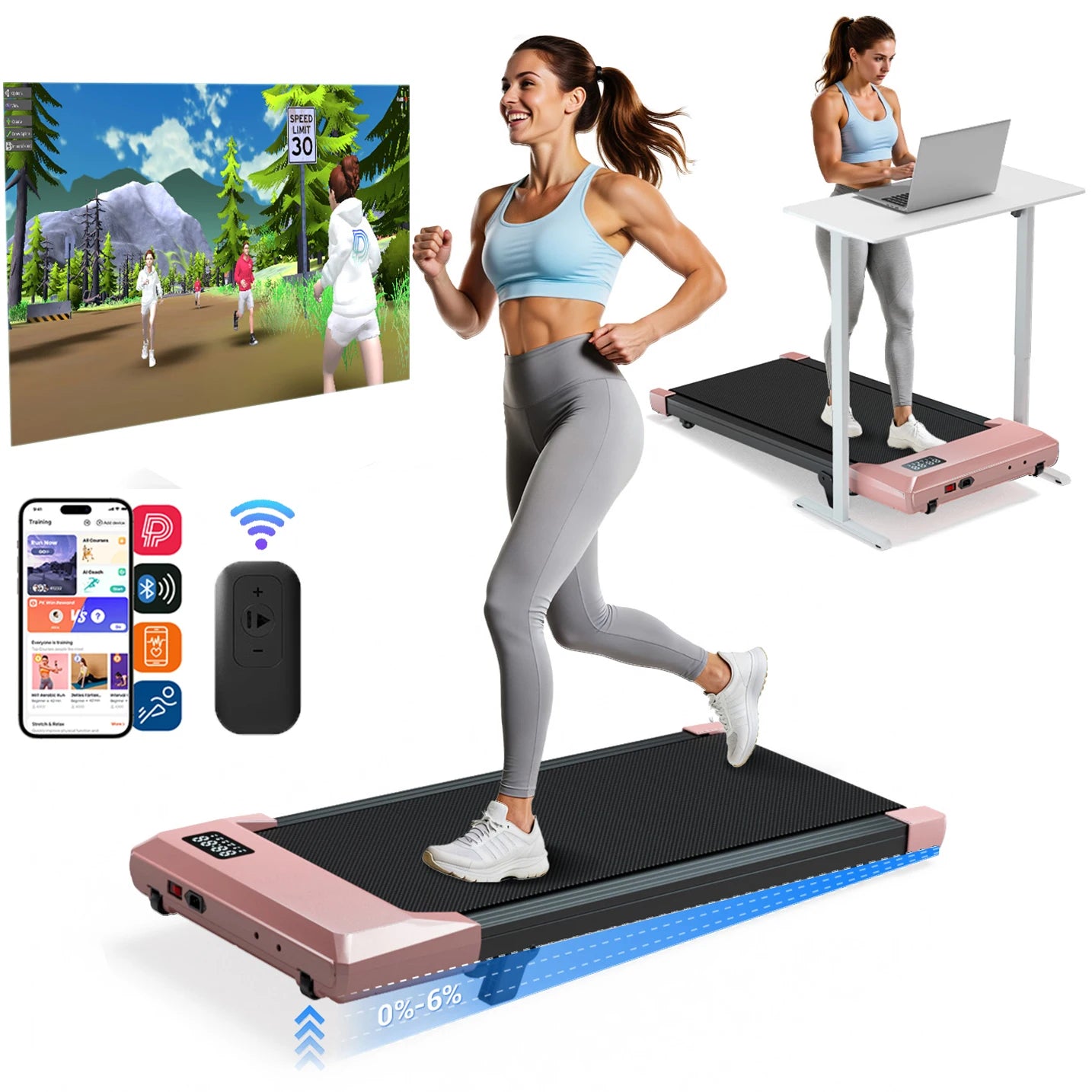 Under Desk Treadmill 6% Slope 2.5HP Quiet Walking Pad Remote Control LED Display 300lbs Capacity