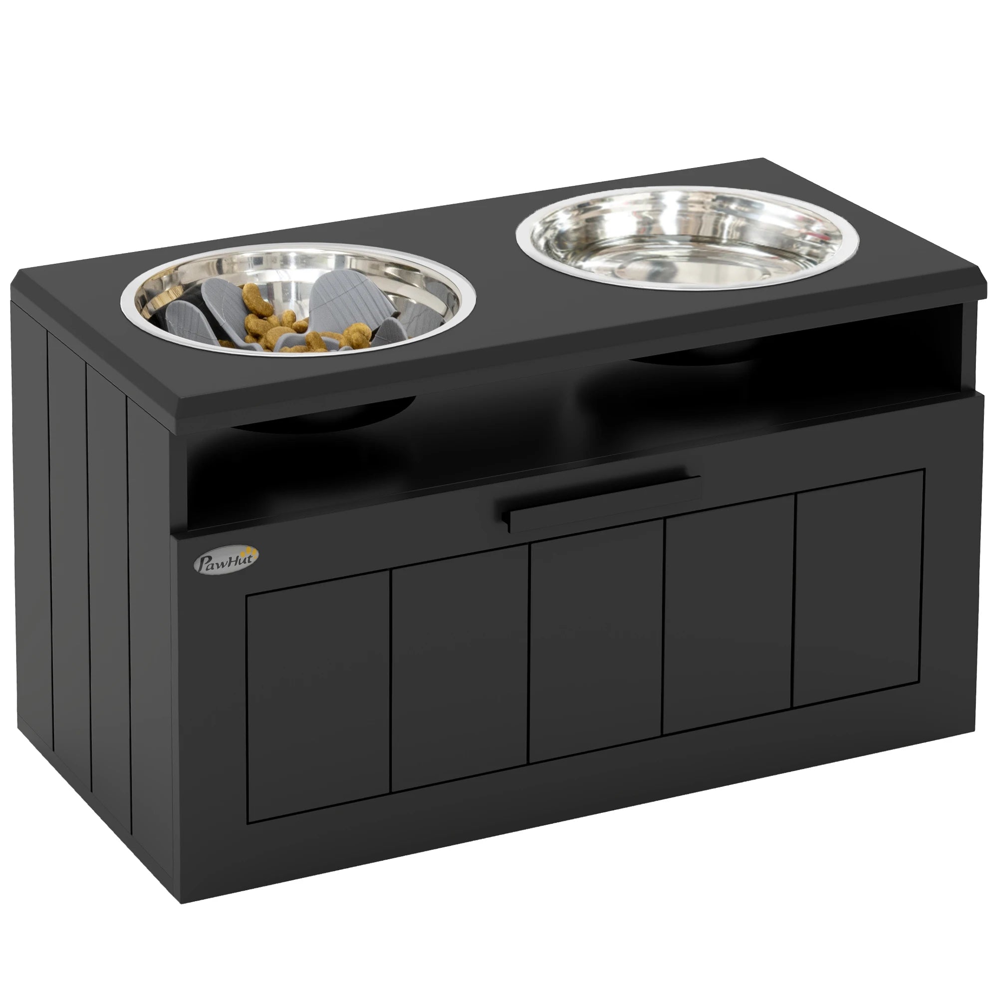 Raised Dog Bowl Stand with Slow Feeder and Storage Drawer 2 Stainless Steel Bowls 60x30x35cm Large Dogs