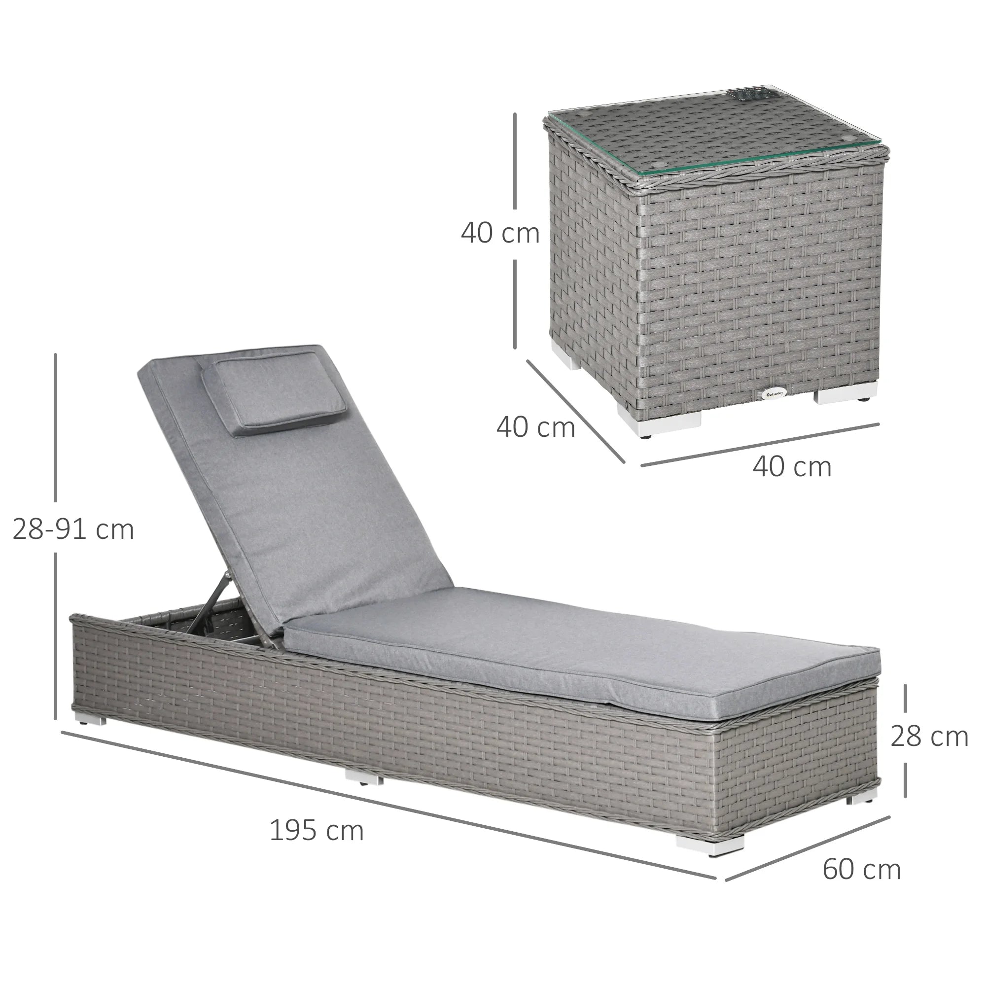 3-Piece Rattan Sun Lounger Set with Side Table, 5-Position Recline, Cushions and Head Pillows
