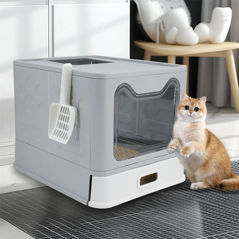 Enclosed Cat Litter Box for Kittens, Top Entry Tray with Steel Drawer