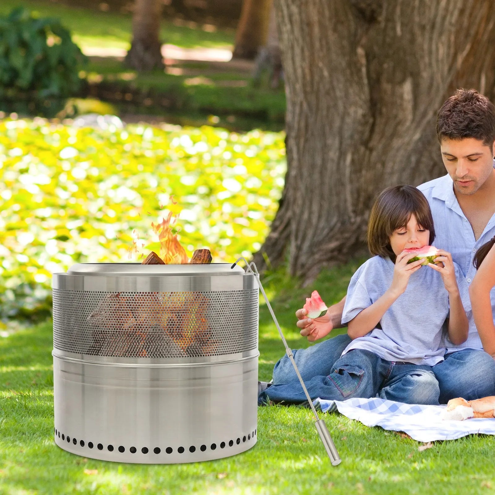 Folding Smokeless Fire Pit 50cm Stainless Steel Portable Outdoor Firepit with Fire Hook and Carry Bag