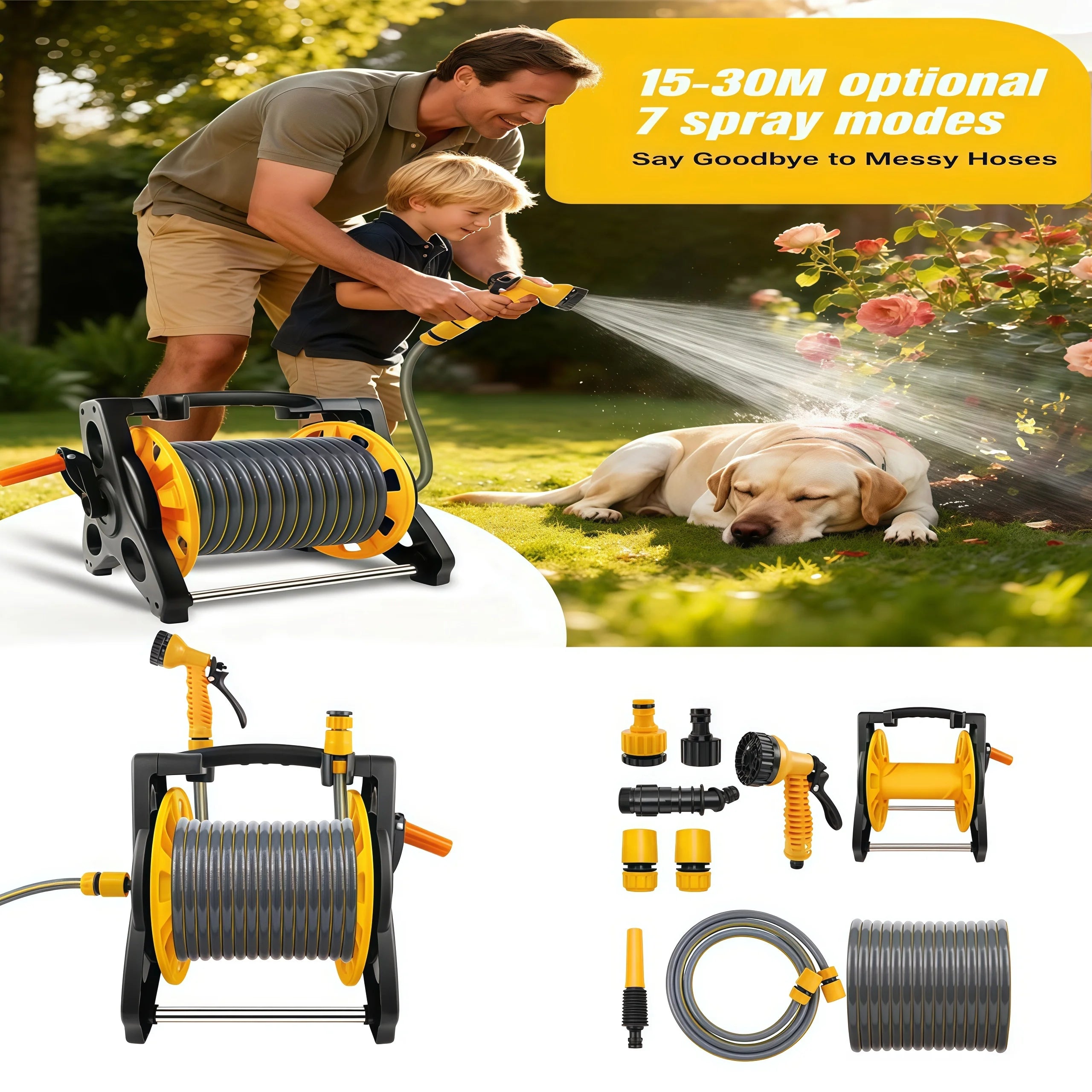 Portable Garden Hose Reel 15m 25m 30m 7 Way Spray Nozzle Wall Mount Freestanding Non Slip for Yard Cleaning