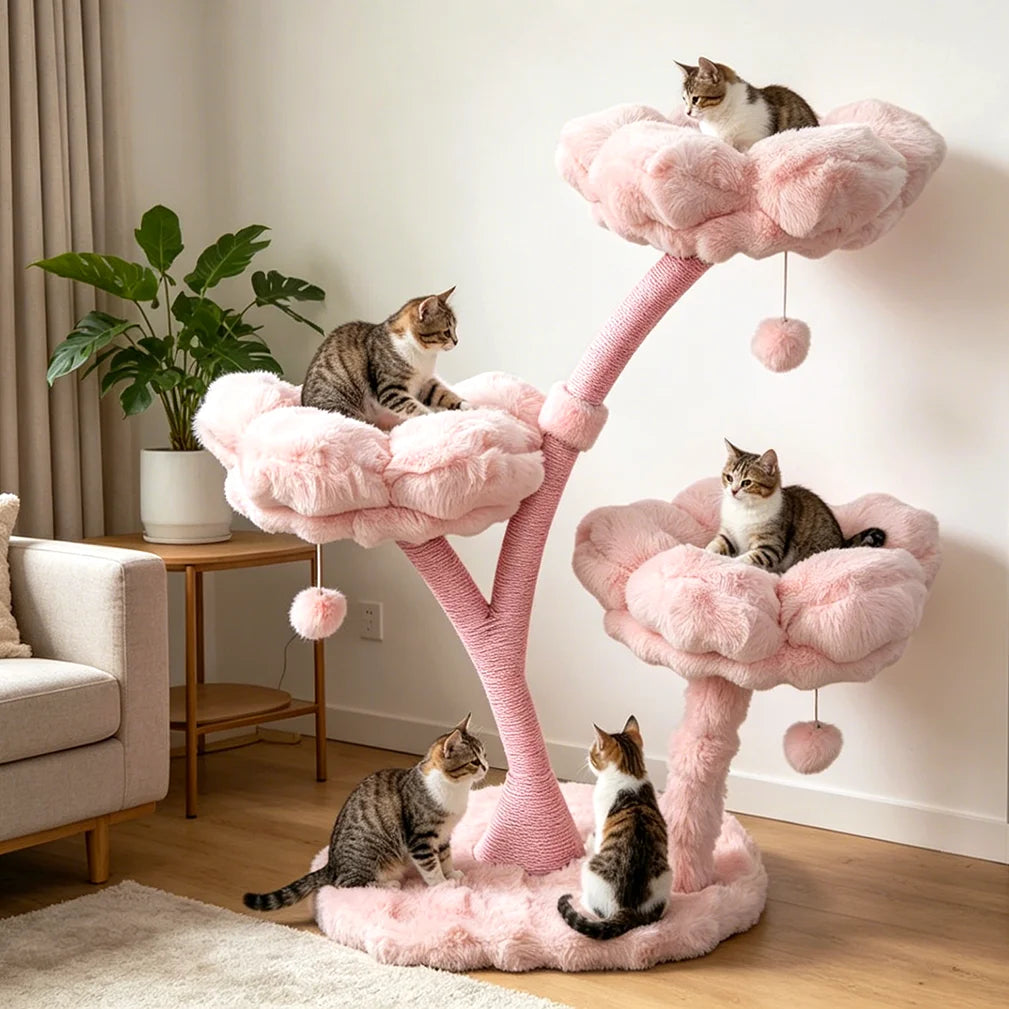 BORWART 105cm Pink Flower Cat Tree Tower Scratching Post Wood Branch Cushioned Bed Hanging Toy
