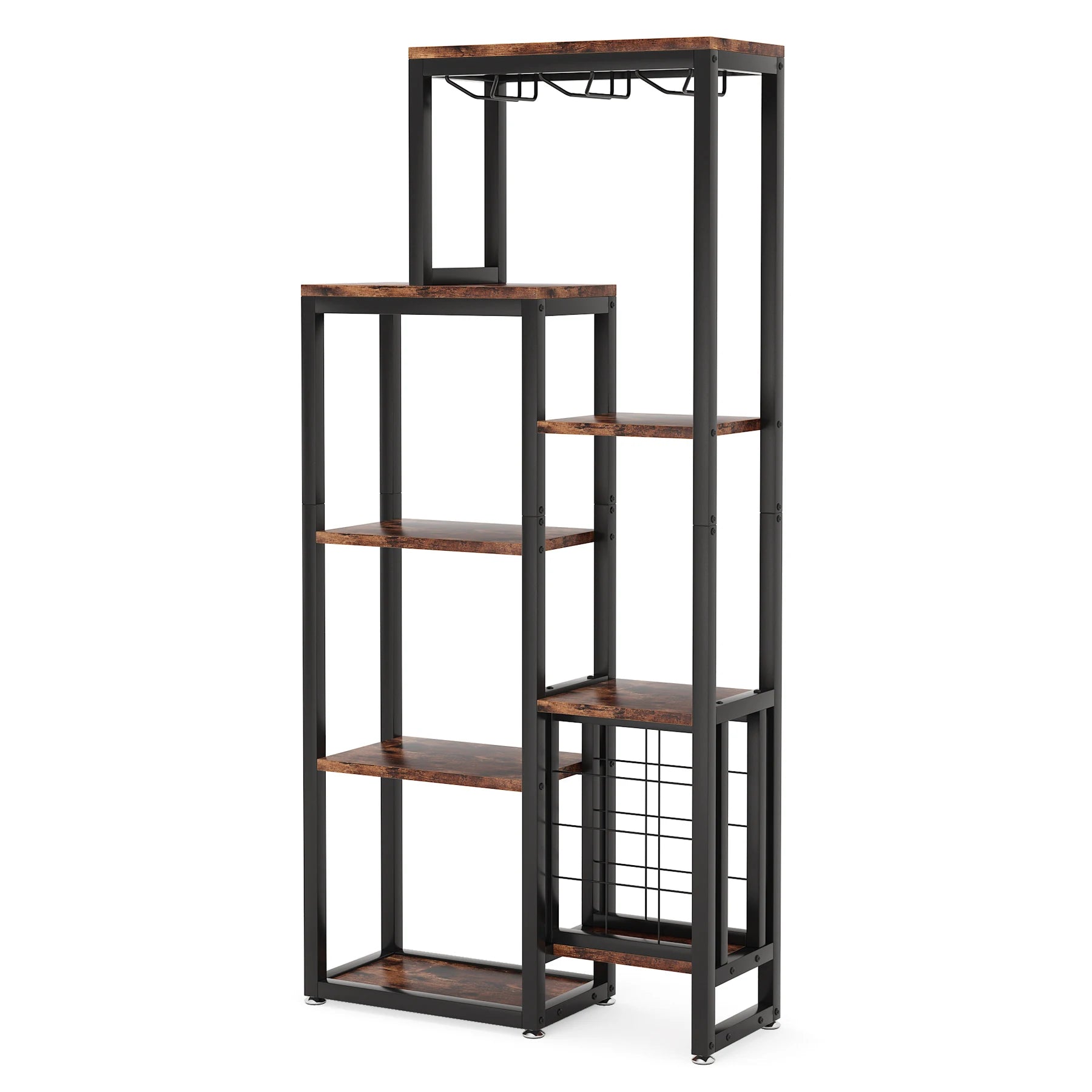 5-Tier Freestanding Industrial Wine Rack with Glass Holder | Holds 12 Bottles and 6-9 Stemware Floor Wine Display Shelf