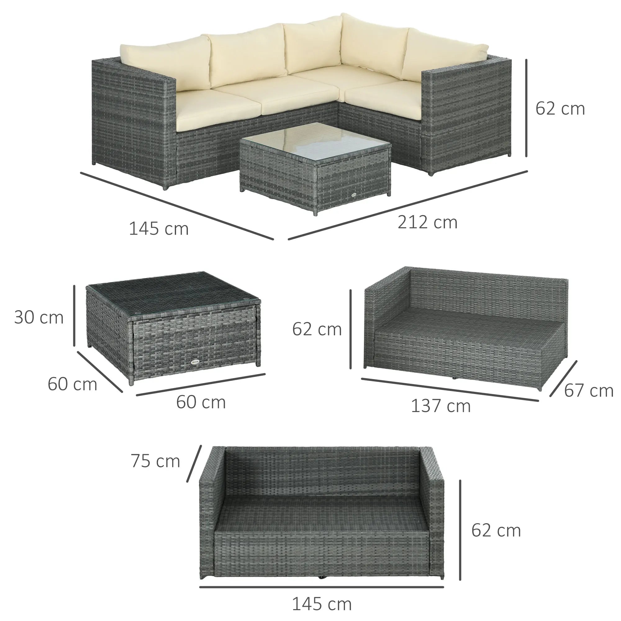 3 Piece Rattan Corner Sofa Set with Coffee Table Cushions Outdoor Garden Furniture