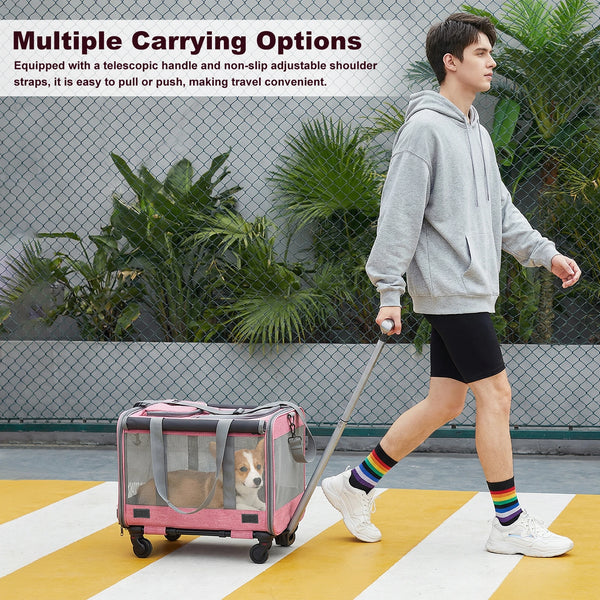Expandable Pet Travel Carrier with Detachable Wheels Telescopic Handle for Cats and Small Dogs 47x39x30cm