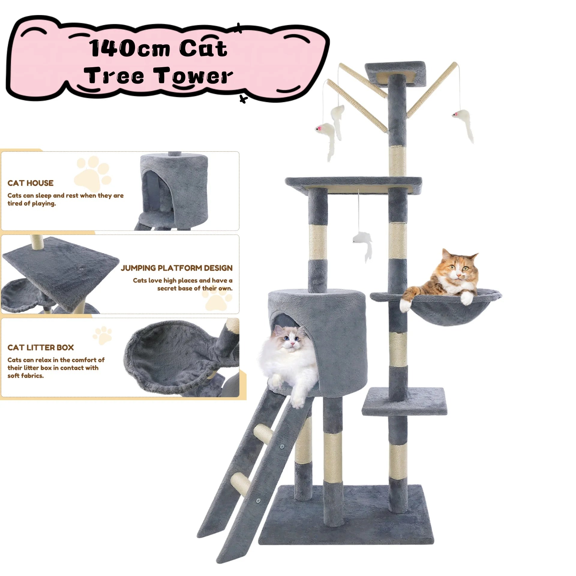 DayPlus 140cm Cat Tree Tower Multilevel Scratching Posts Condos Ladder Activity Centre for Cats
