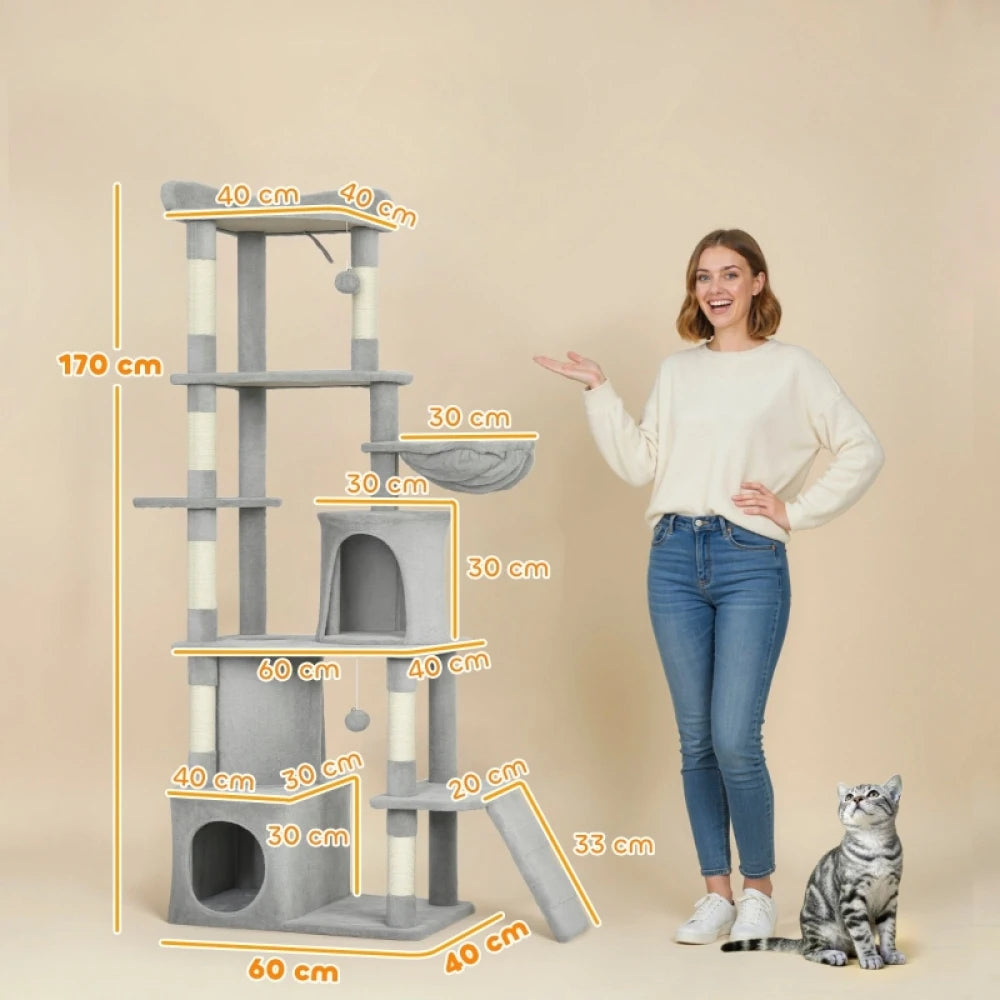 PINGGO 170cm Large Cat Tree Tower 7 Scratching Posts 2 Condos Hammock Light Grey