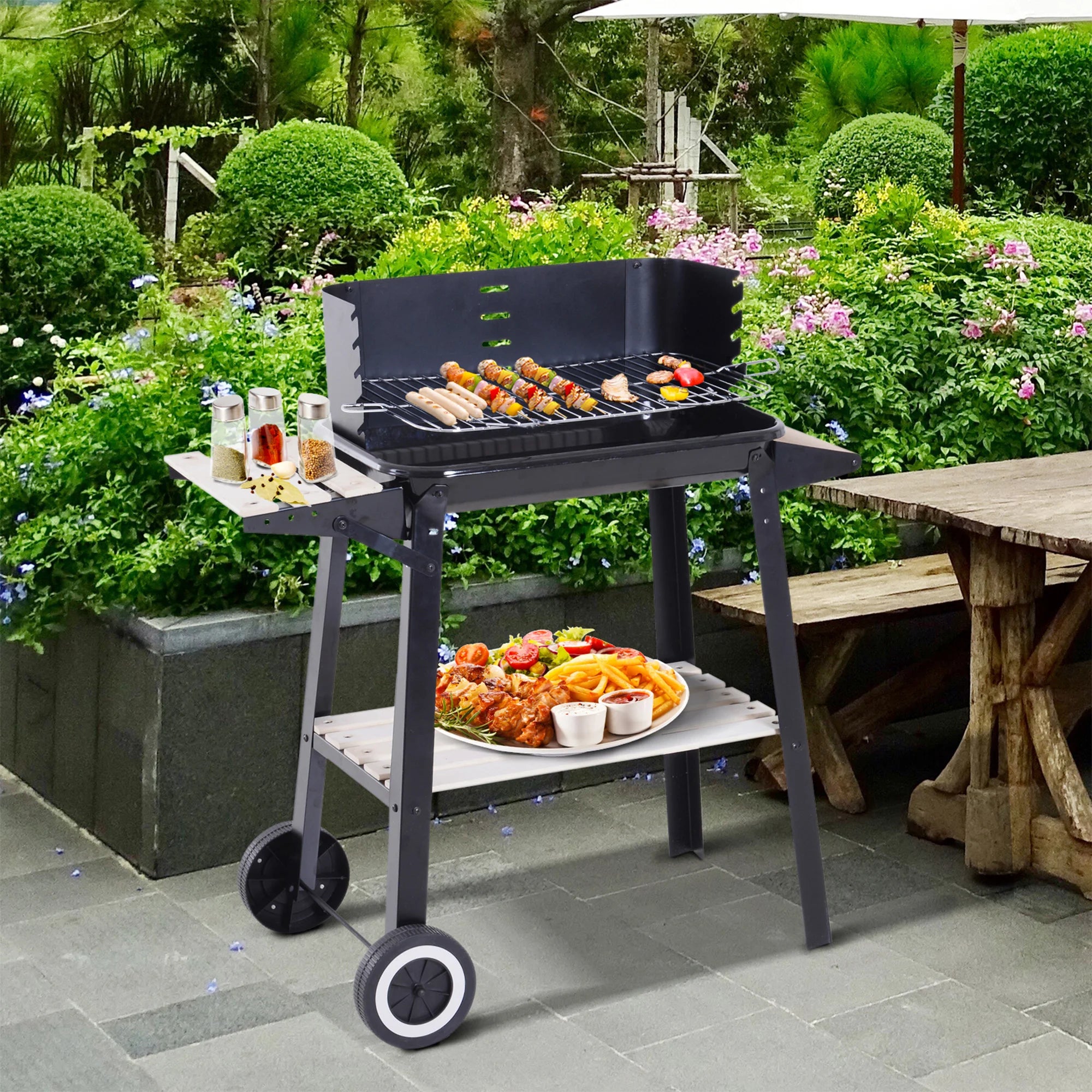 Charcoal BBQ Grill Trolley with Adjustable Height 4 Levels Wind Shield 2 Shelves Enamel Coated Garden Outdoor