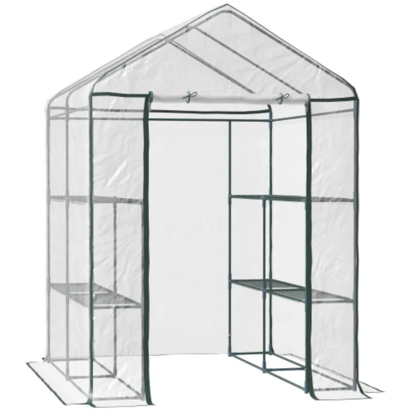 Walk-In Greenhouse with 3-Tier 8 Shelves, Roll-Up Zipped Door, Hemmed Cover and Steel Frame
