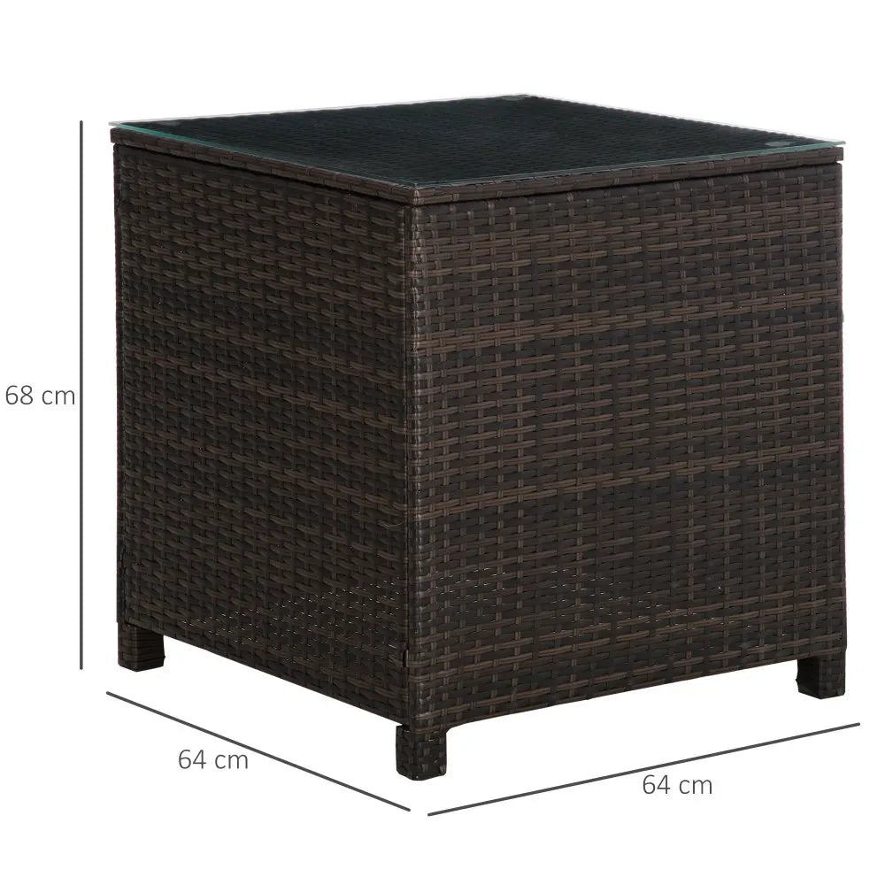 Rattan Garden Side Table 64x64x68cm Tempered Glass Top 70kg Capacity Weather Resistant for Patio Balcony Brown