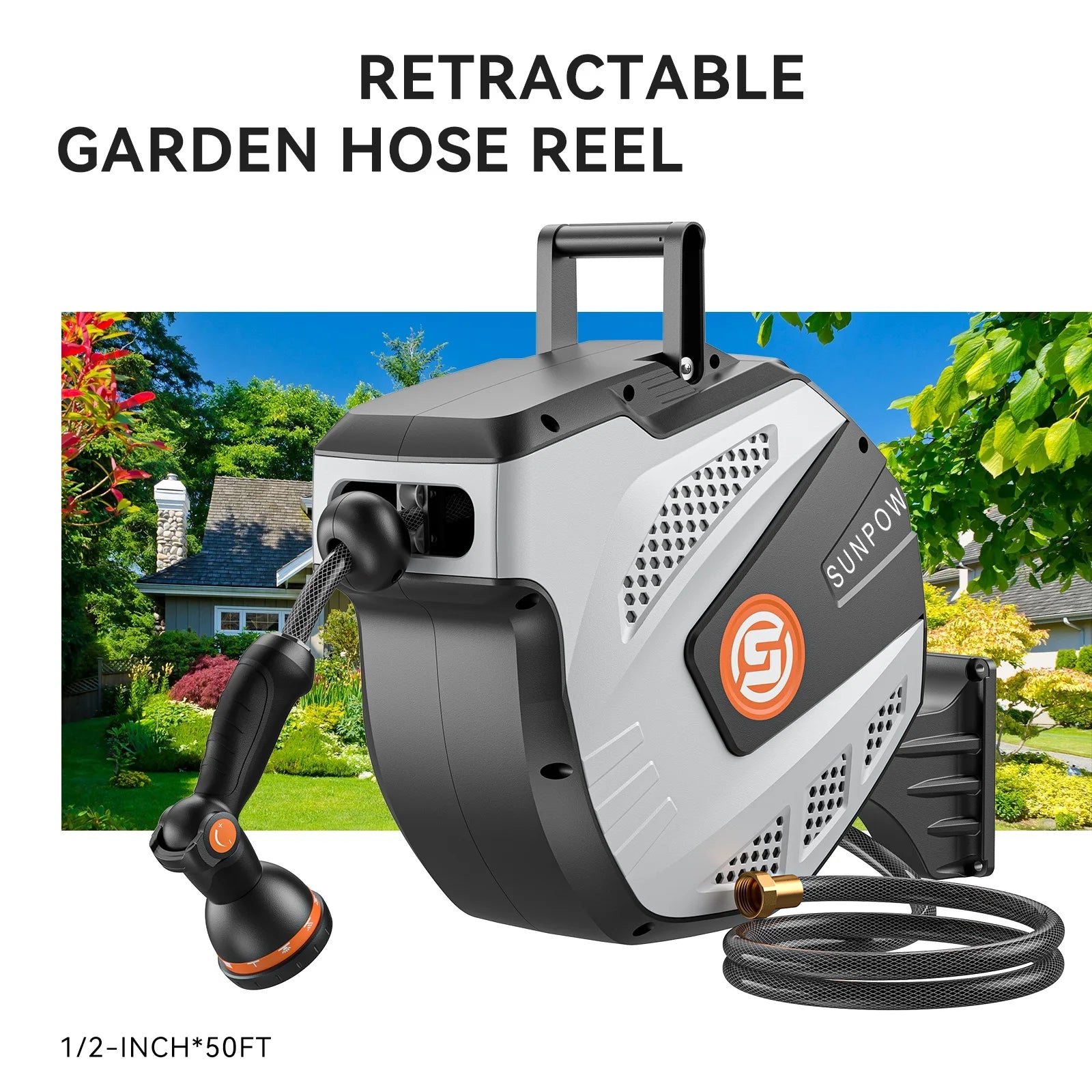 50ft Heavy Duty Wall Mounted Retractable Garden Hose Reel Brass Fittings 10 Sprayer Nozzles Auto Rewind Grey