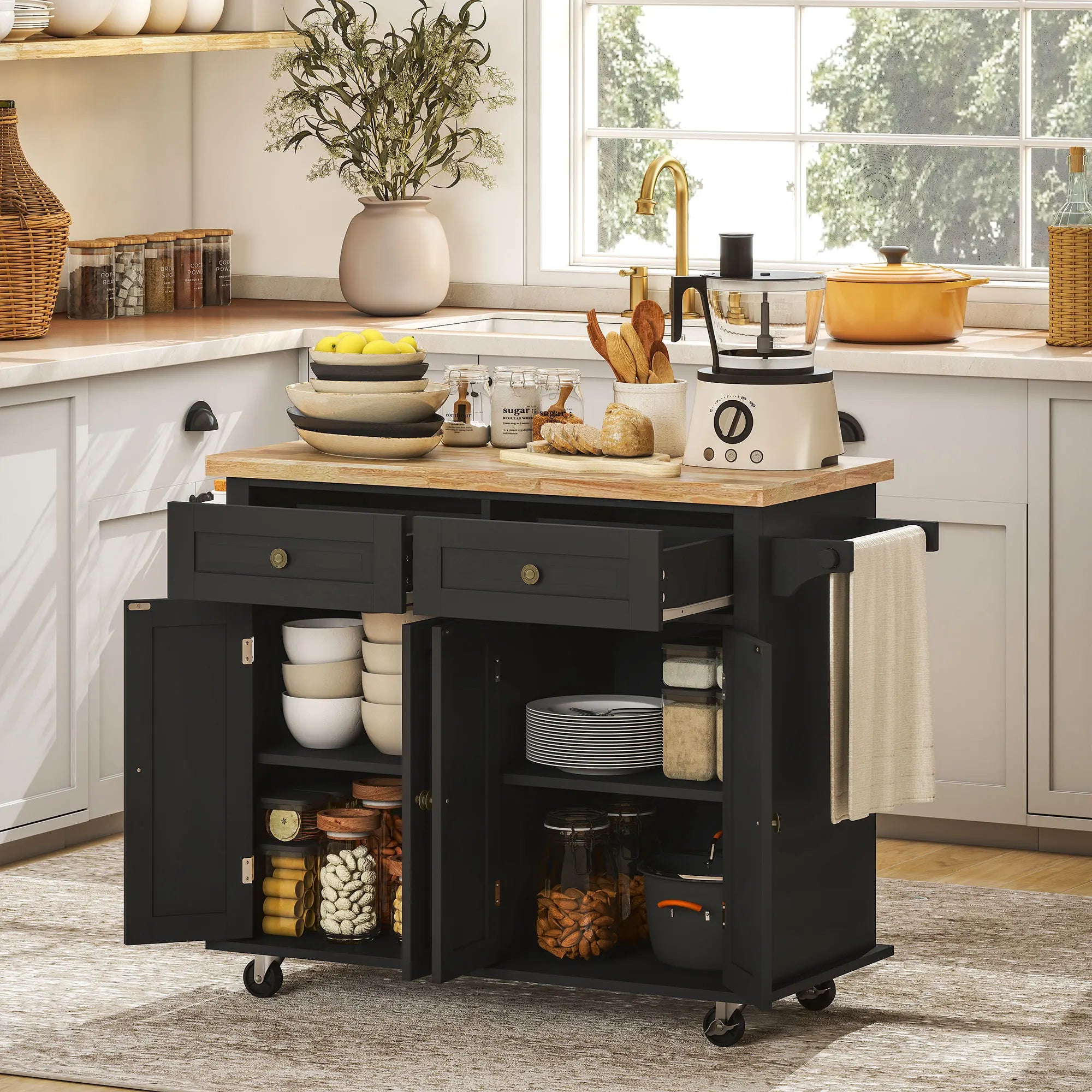 Black Rolling Kitchen Island Cart with Rubberwood Top | 2 Drawers 2 Cabinets Spice Rack and Towel Bar on Wheels