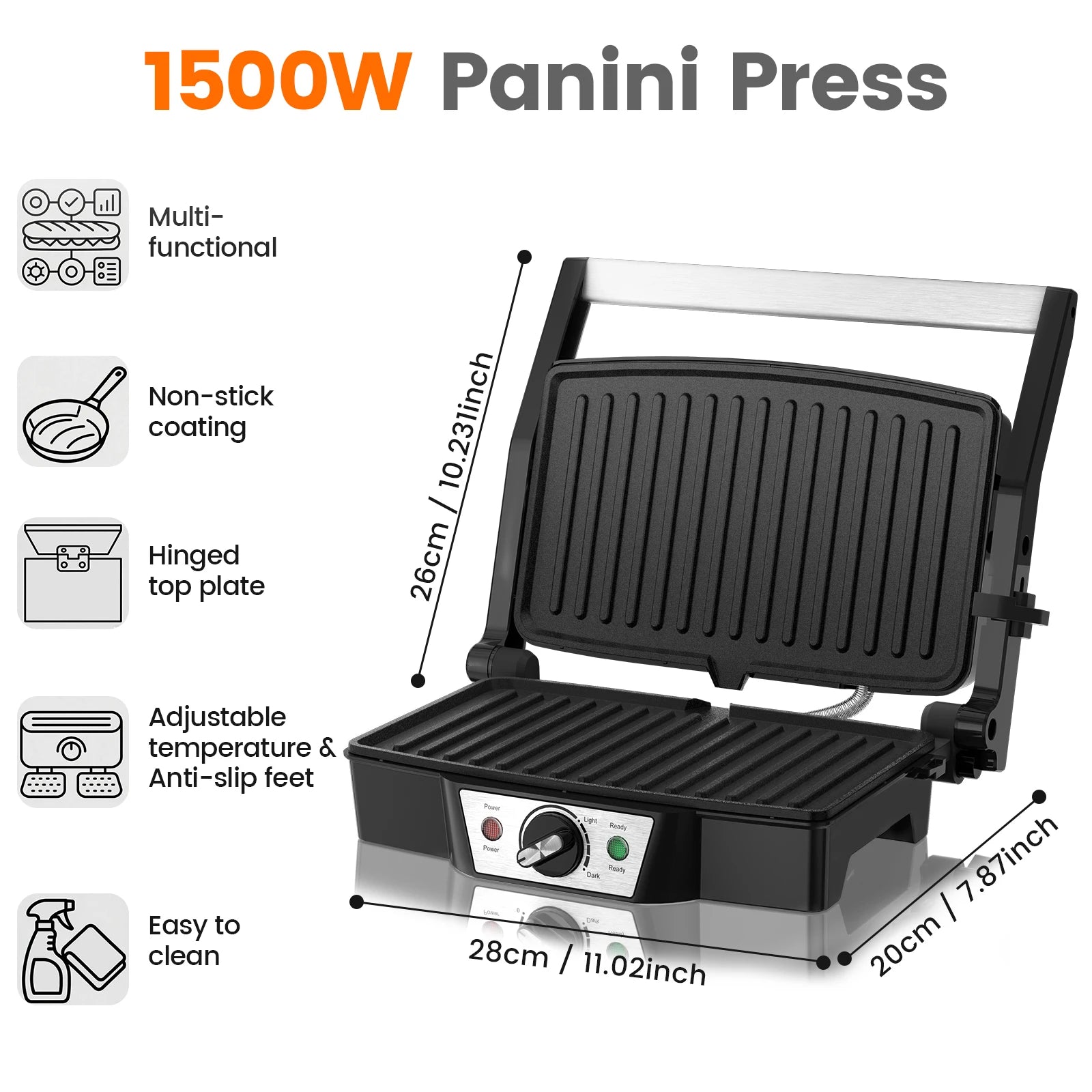 1500W Electric Panini Press Non-Stick Grill with Adjustable Temperature Large Cooking Plate and Anti-Slip Feet for Kitchen Use