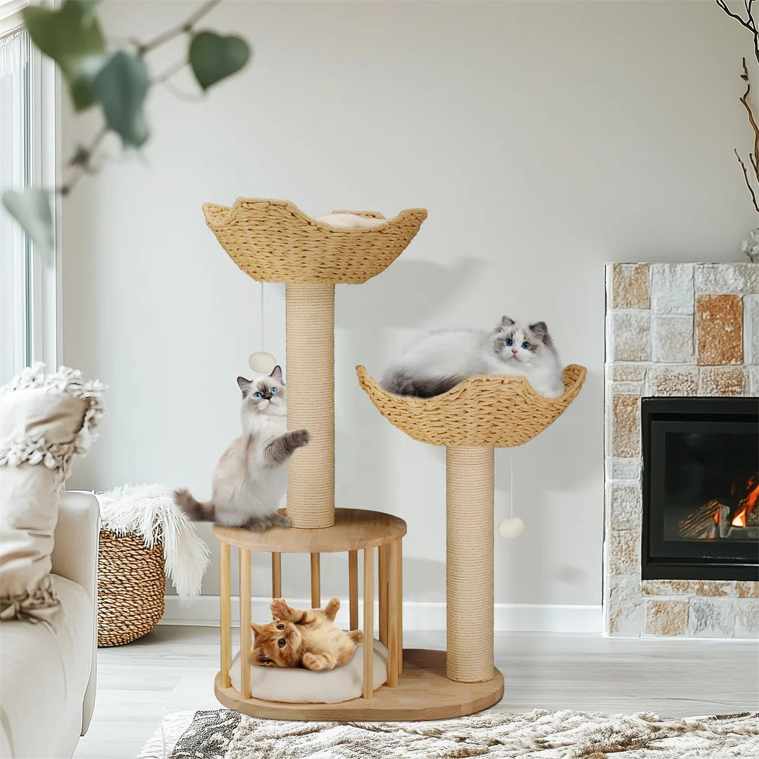 BINGOPAW 3 Tier Cat Climbing Tree 60x40x99cm Activity Centre Scratching Post Natural Wood White