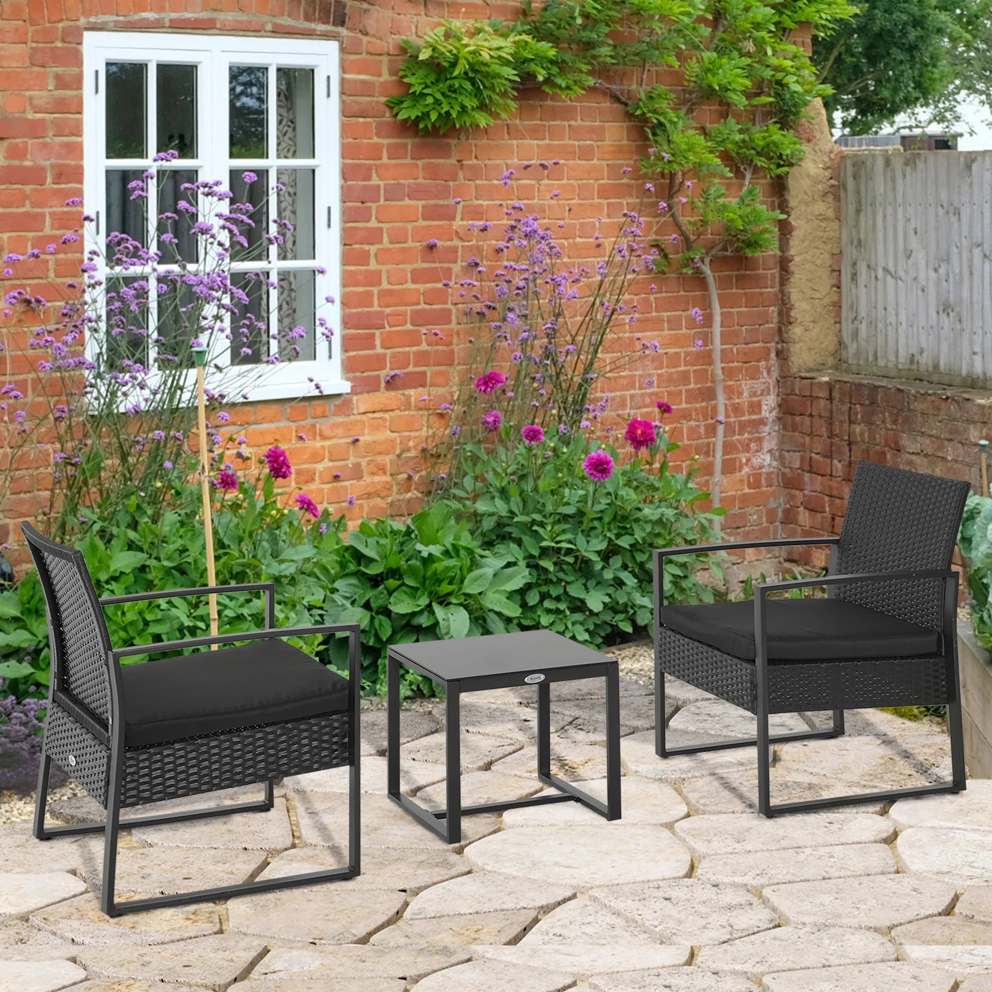 3-Piece Rattan Patio Bistro Set with 2 Cushioned High-Back Chairs and Glass Side Table