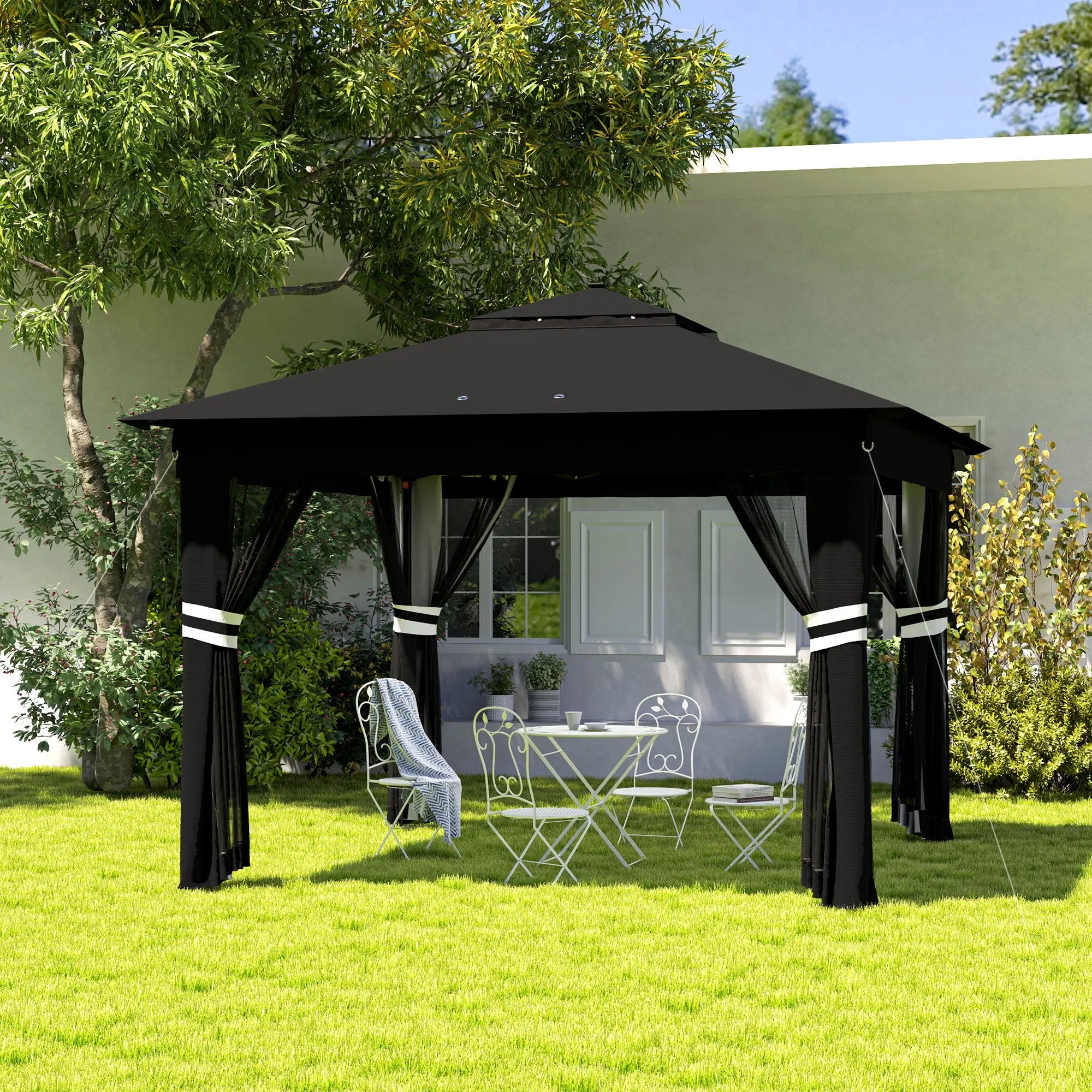 3 x 3m Pop-Up Gazebo with 20 Solar LED Lights, Mosquito Netting, Weight Bags and Wheeled Carry Bag