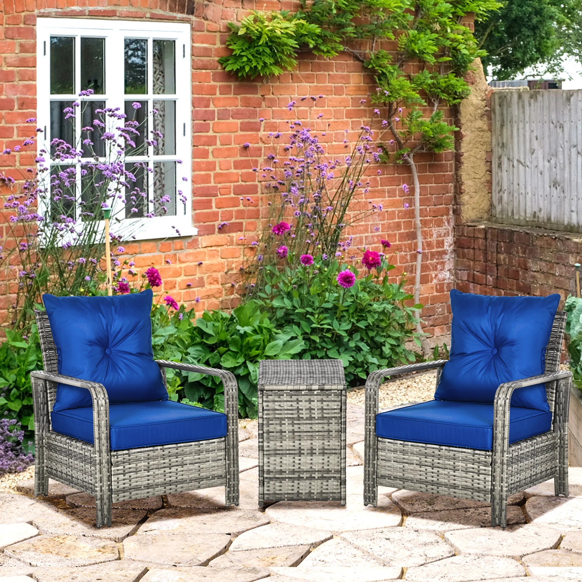 3 Piece PE Rattan Garden Sofa Set with 2 Armchairs Storage Coffee Table and Cushions for Outdoor Patio and Garden