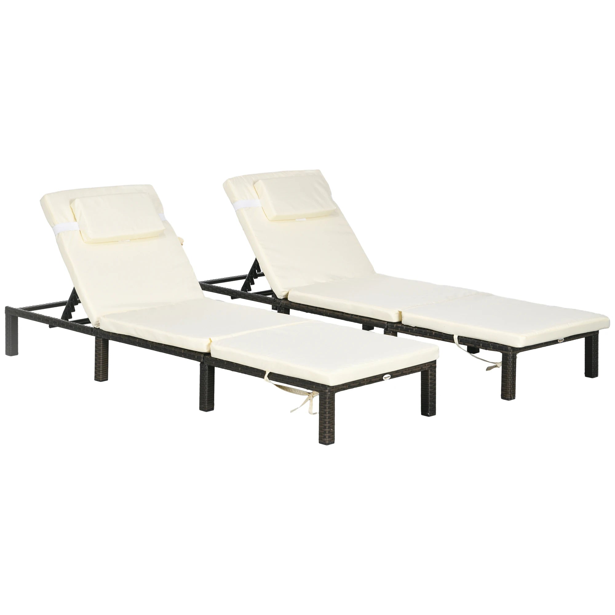 Set of 2 PE Rattan Sun Loungers with 5-Position Recline, Padded Cushion and Headrest Pillow