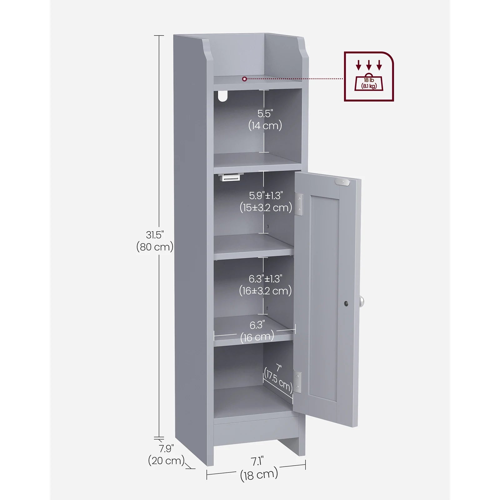 Slim Dove Grey Bathroom Floor Cabinet with Door and Adjustable Shelves | 20x18x80cm Freestanding Storage Unit