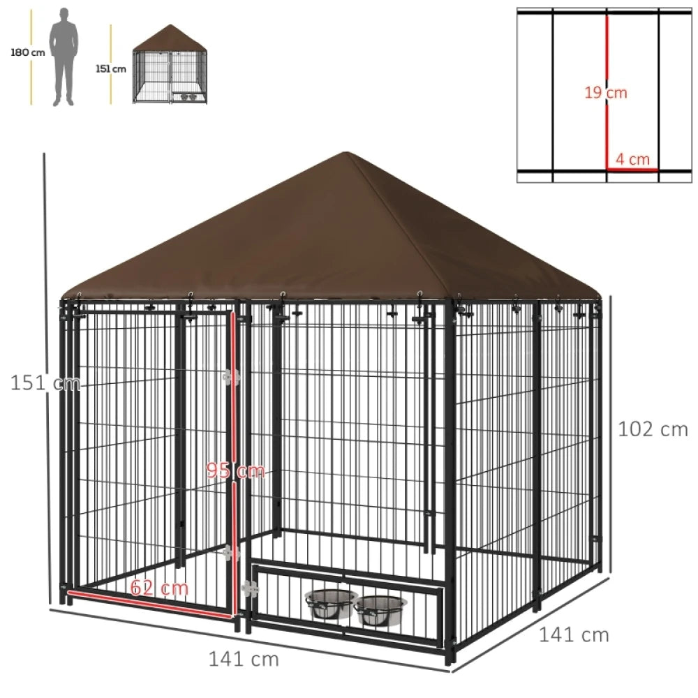 PINGGO Outdoor Dog Kennel 141x141x151cm Puppy Playpen with Canopy Rotating Bowl Garden Fence Enclosure Brown