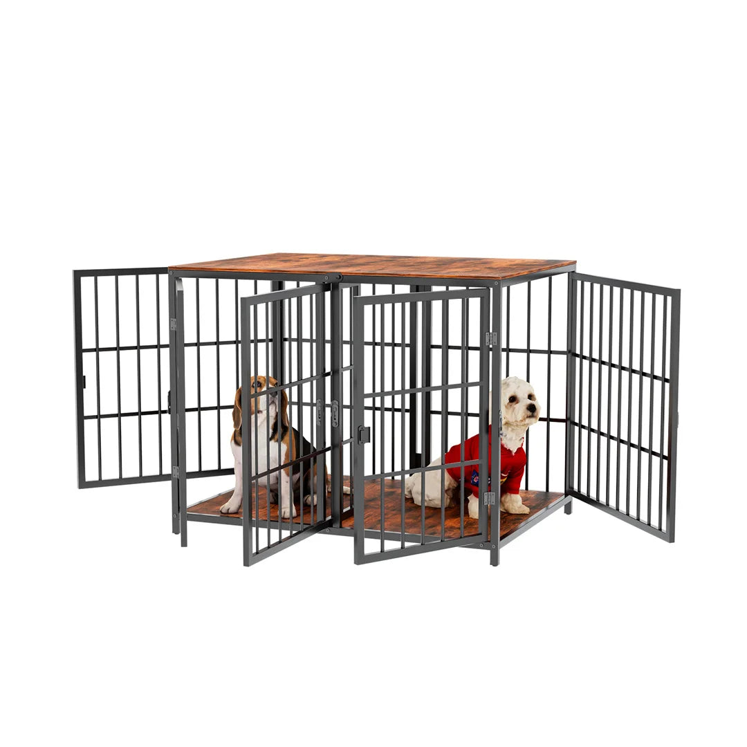 BINGOPAW Heavy Duty Wooden Dog Crate Furniture Side Table 90x62x68.5cm 4 Doors with Divider Small Medium Dogs