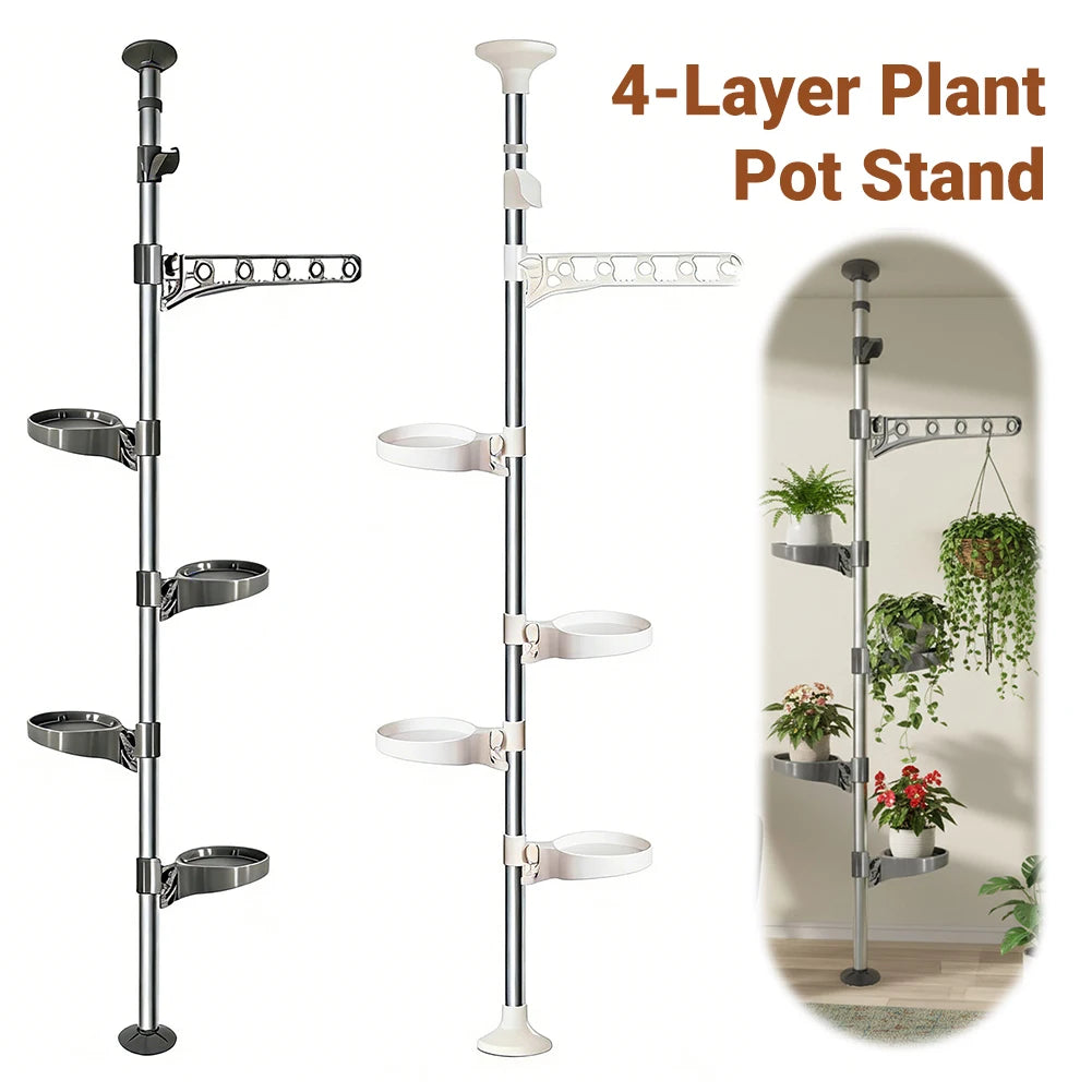 4 Layer Tension Rod Plant Stand Adjustable 175-290cm Floor to Ceiling for French Window Corner Home Decor