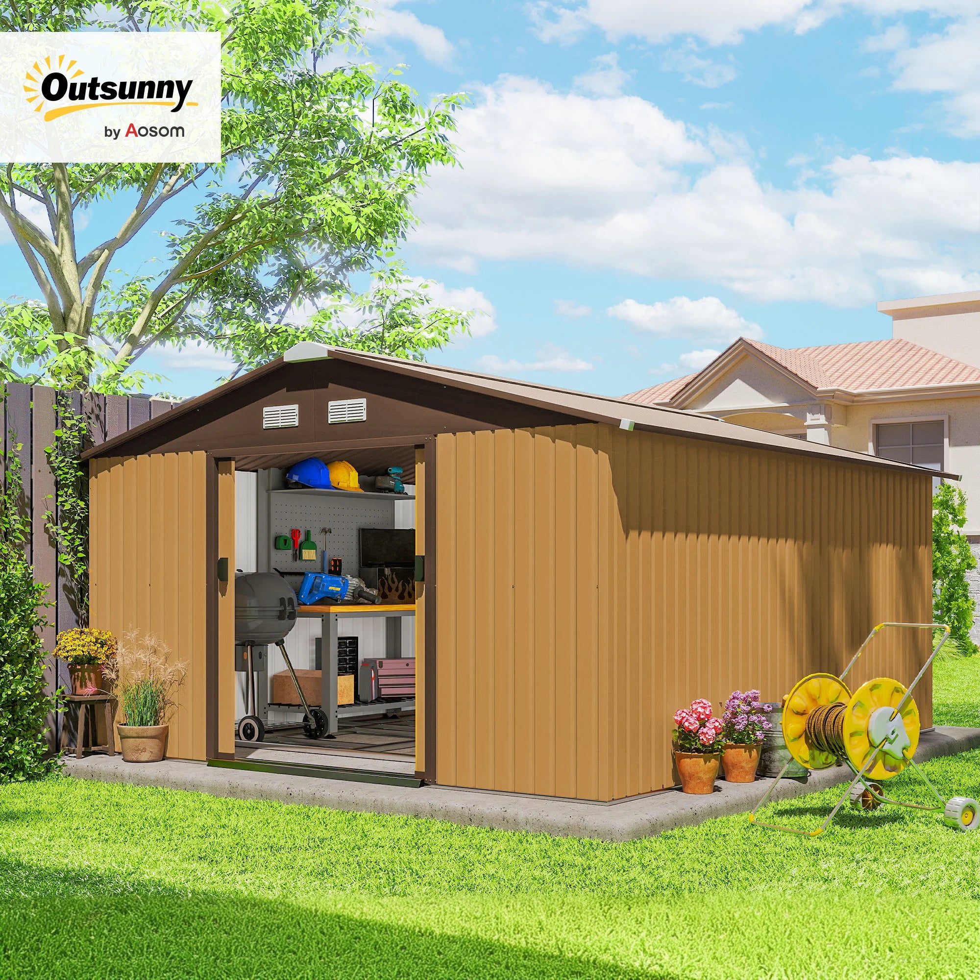 13 x 11ft Galvanised Metal Garden Shed with Double Sliding Lockable Doors, Foundation Kit and Ventilation