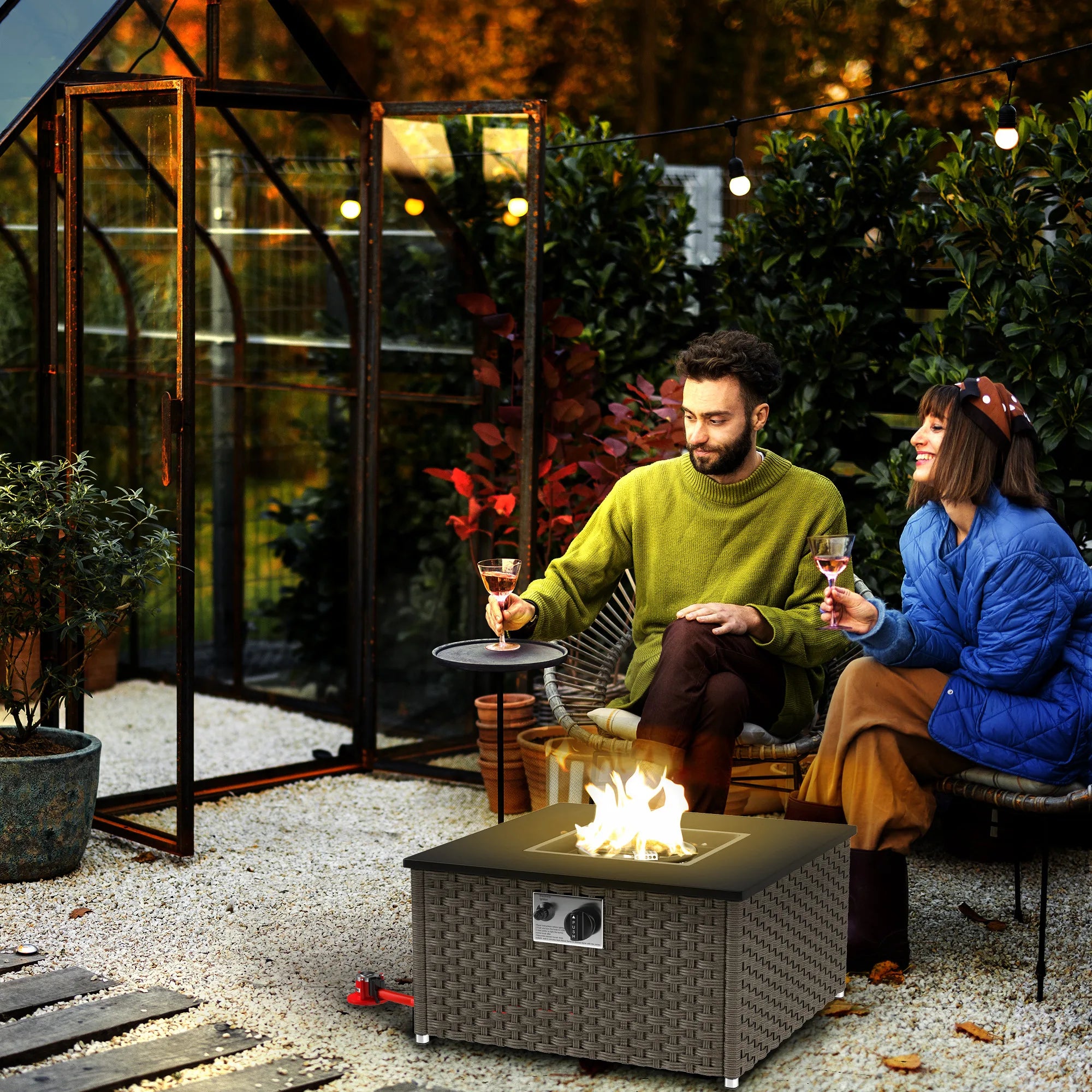 Outsunny Rattan Gas Fire Pit Table | 13KW Smokeless Propane Garden Heater with Lid & Coffee Table