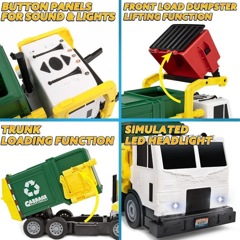 Garbage Truck Toy Set with Dumpster Trash Bins Learning Cards Working Sounds and Lights for Kids Boys