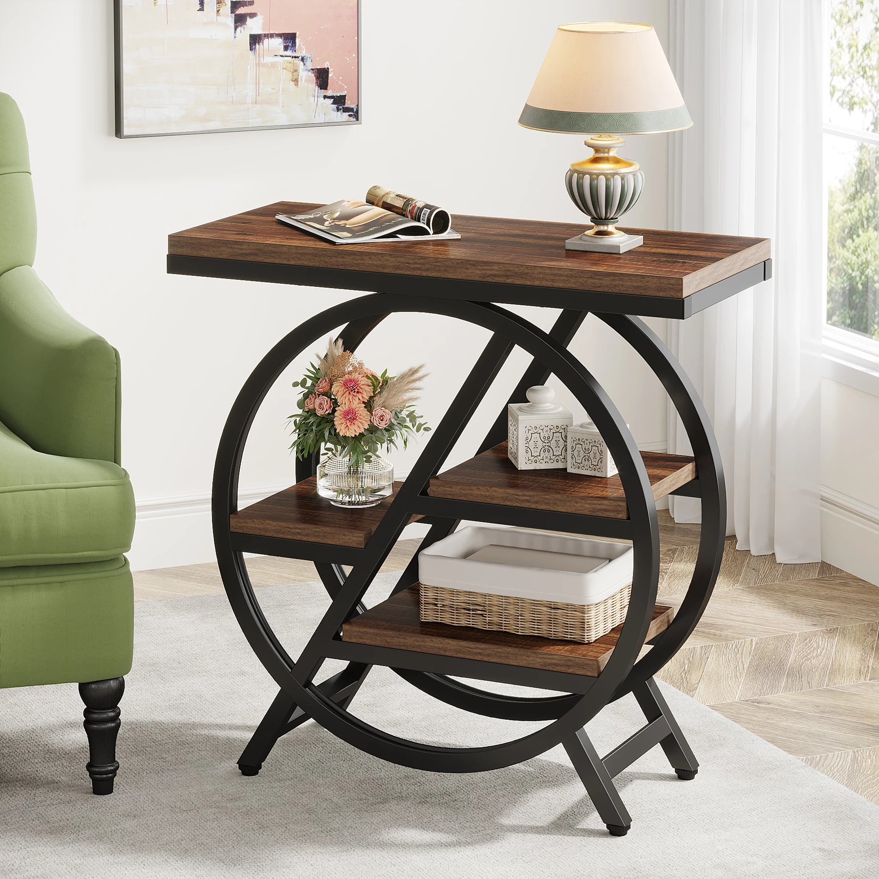 3-Tier Narrow Industrial Side Table with Geometric Metal Frame | Rustic Brown Sofa End Table for Living Room