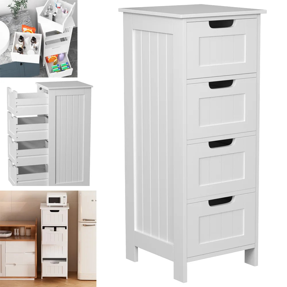 4 Drawer White Bathroom Storage Cabinet 82cm | Slim Freestanding MDF Chest of Drawers for Bathroom Bedroom