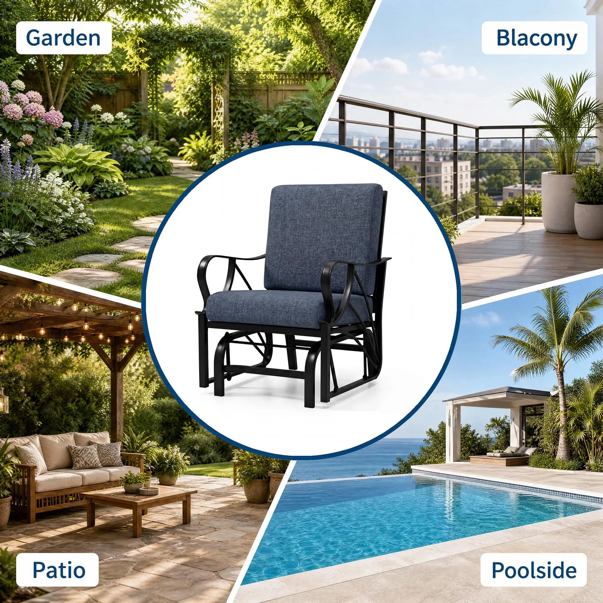 Porch Glider Rocking Chair 330lbs Heavy Duty Steel Frame Thick Cushion Ergonomic for Garden Patio Yard Lawn