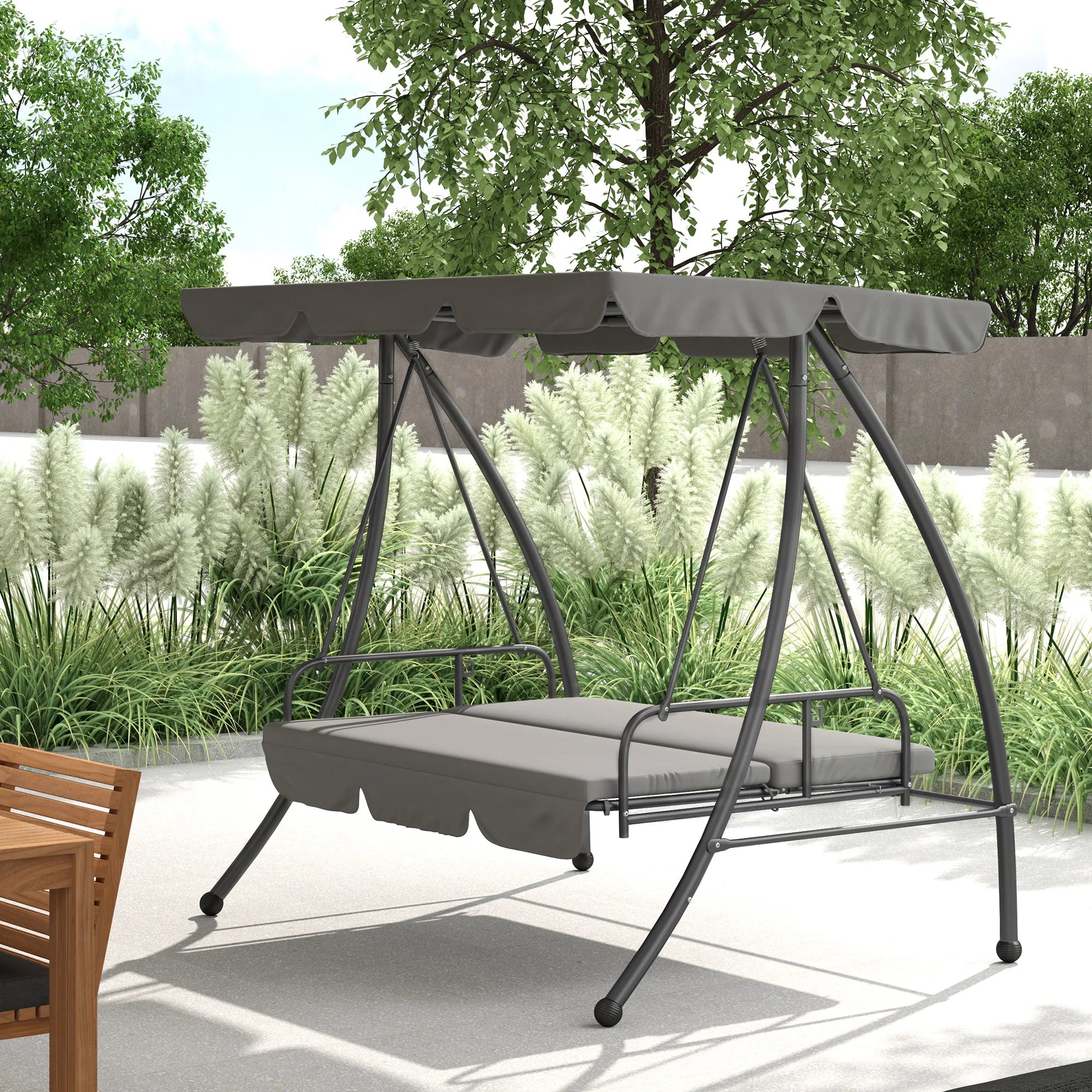 2-in-1 Swing Chair Lounger 3 Seater Garden Swing Seat Convertible Hammock Bed with Canopy and Cushions