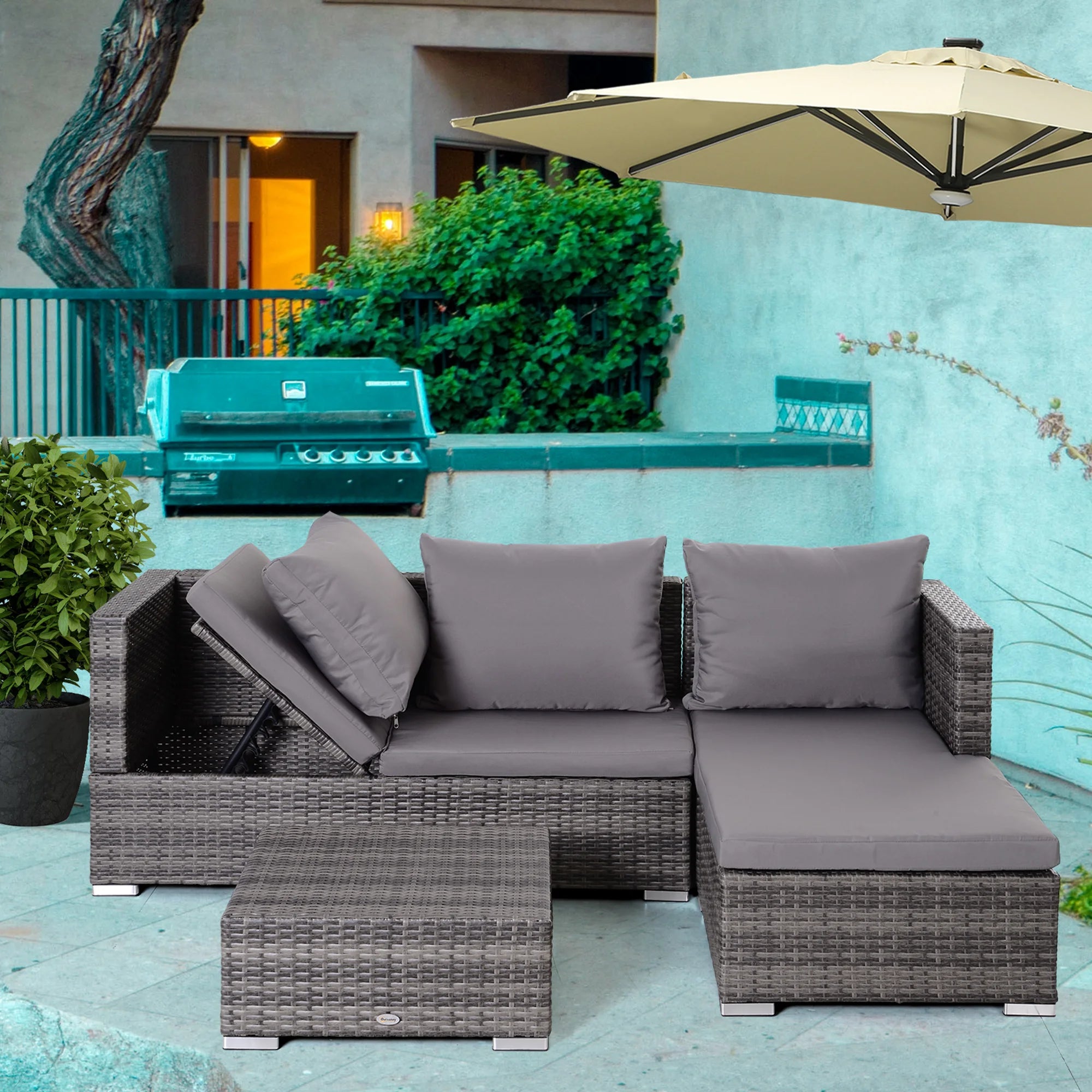 3-Piece Rattan Garden Sofa Set with 5-Level Reclining Back, Corner Sofa and Storage Coffee Table