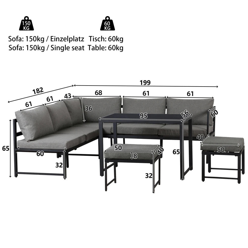 Outdoor Garden Lounge Sofa Set with Reclining Function, Table, Stools and Cushions for Balcony Patio