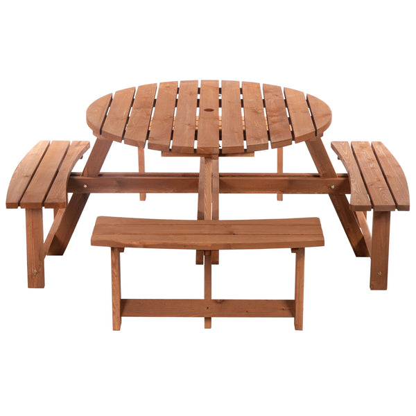 8 Seater Wooden Picnic Table and Bench Set Circular with 4 Benches Parasol Hole Fir Wood 227kg Capacity