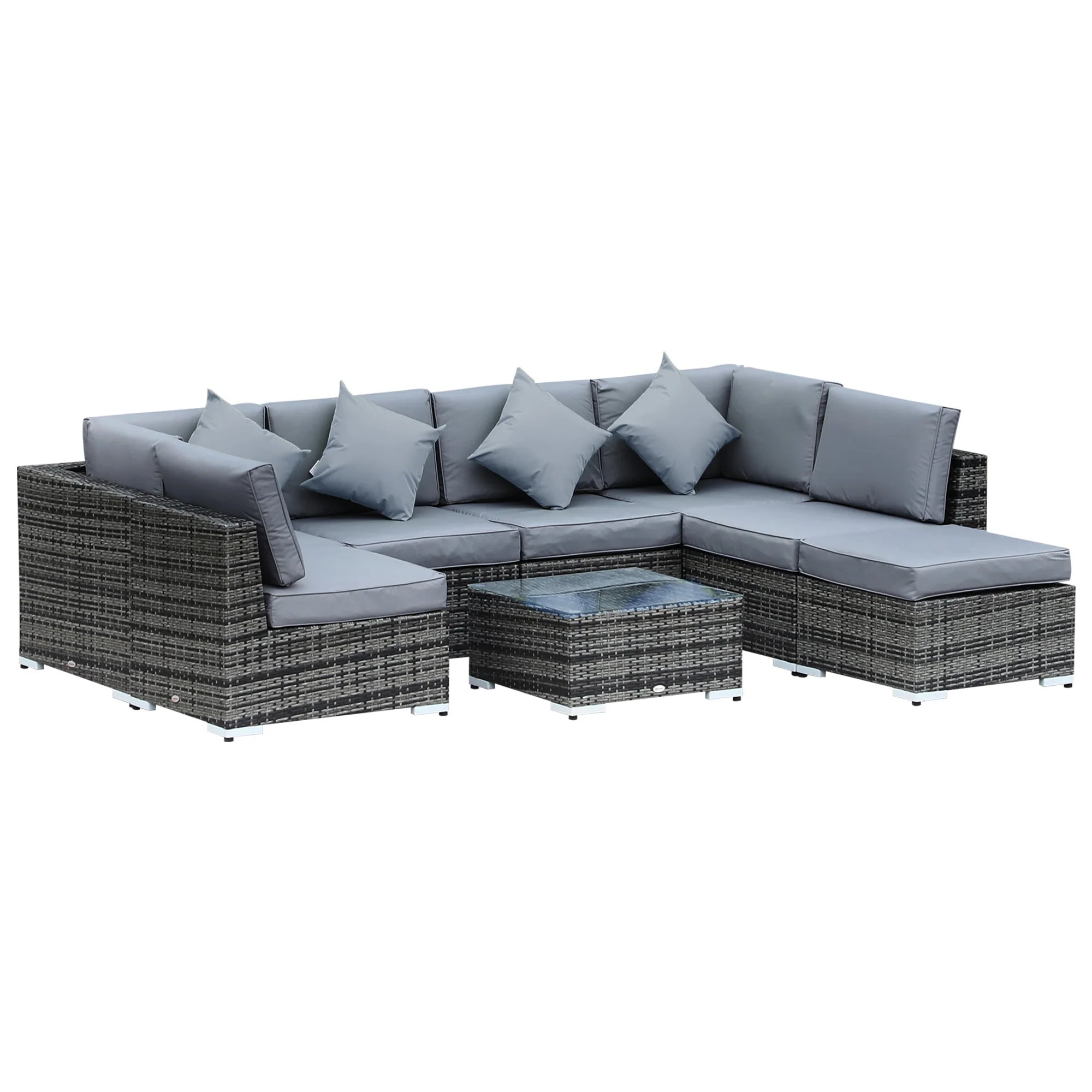 8 Piece Rattan Corner Sofa Set with Cushions Glass Top Coffee Table and Footstool for Garden Patio Outdoor Use