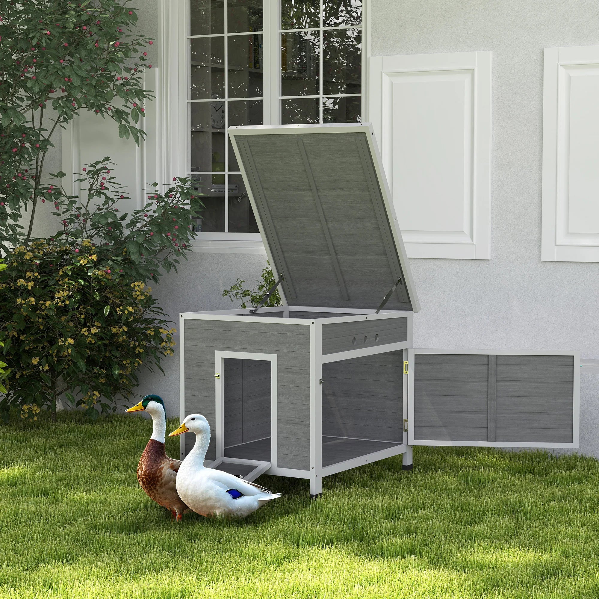 Wooden Duck House Poultry Coop with Double Doors Openable Roof Removable Floor and Ramp for 2-4 Ducks and Chickens