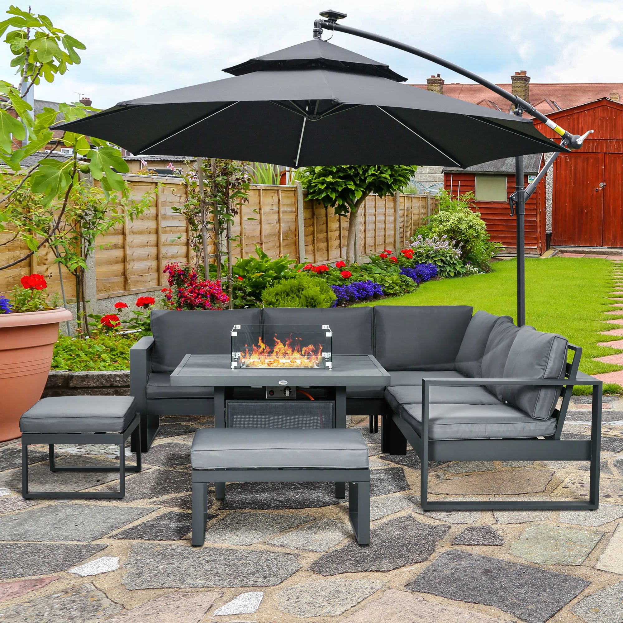 6-Piece Aluminium Garden Sofa Set with 50,000 BTU Fire Pit Table, Loveseats and Footstools
