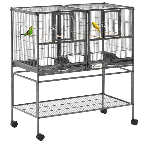 Double Rolling Bird Cage with Removable Divider 2 Metal Trays 4 Wood Perches and Storage Shelf
